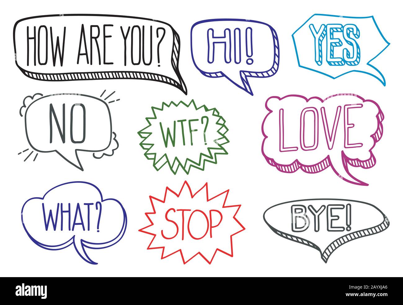 Vintage hand drawn speech bubbles with dialog words hi bye and stop. Vector illustration collection Stock Vector