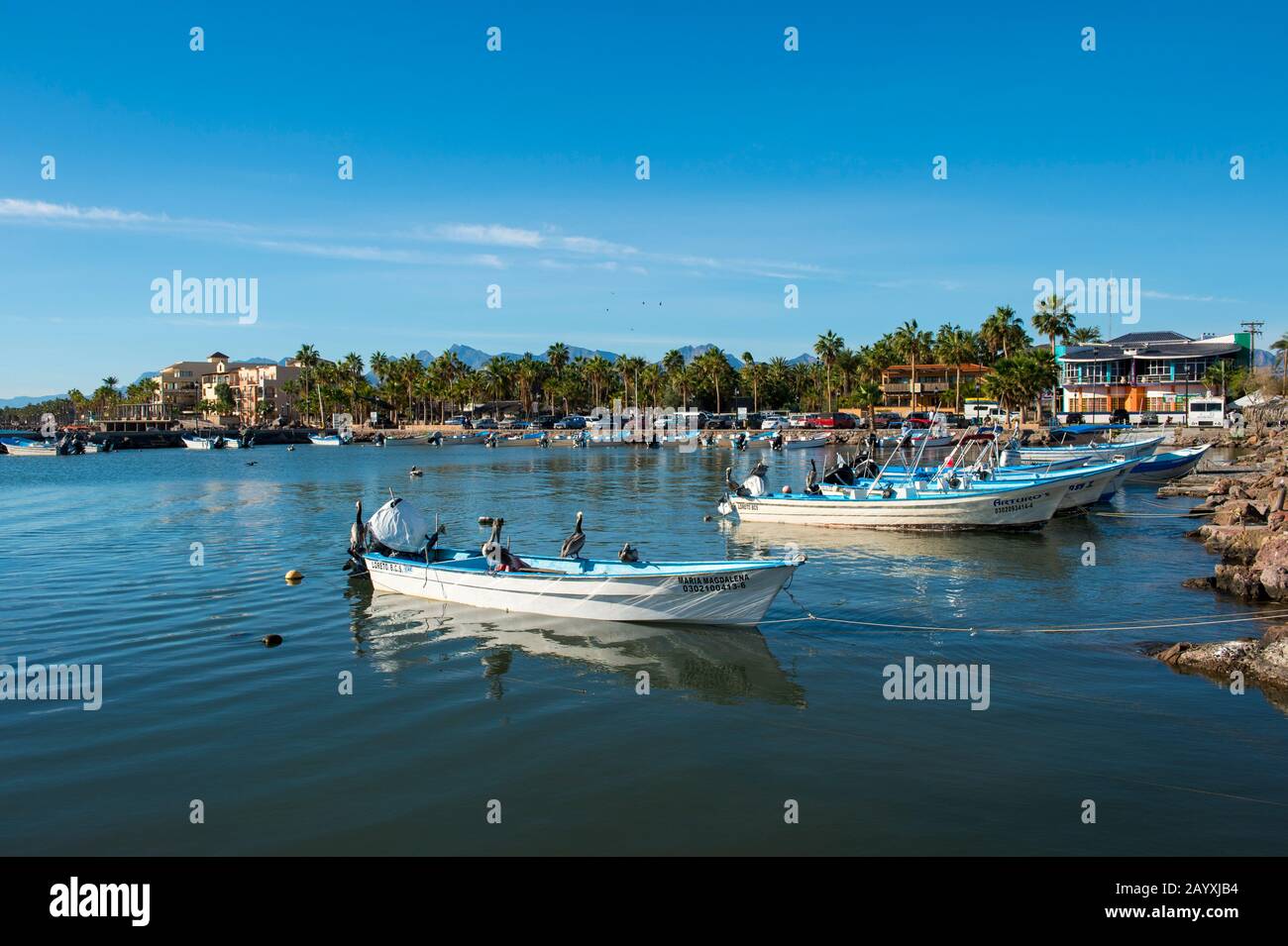 The small harbor of the town of Loreto, Sea of Cortez, Baja California, Mexico. Stock Photo