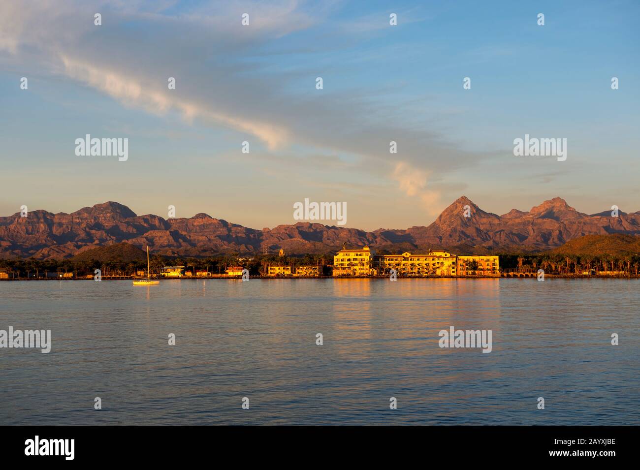 View at sunrise of the town of Loreto, Sea of Cortez, Baja California, Mexico. Stock Photo