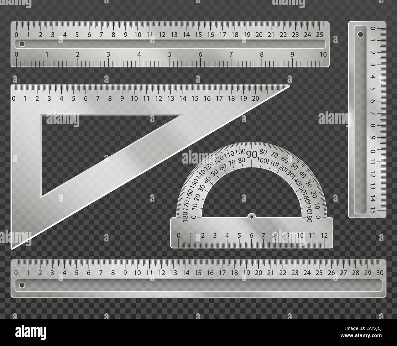 Measuring tools. Rulers, triangle and protractor set vector