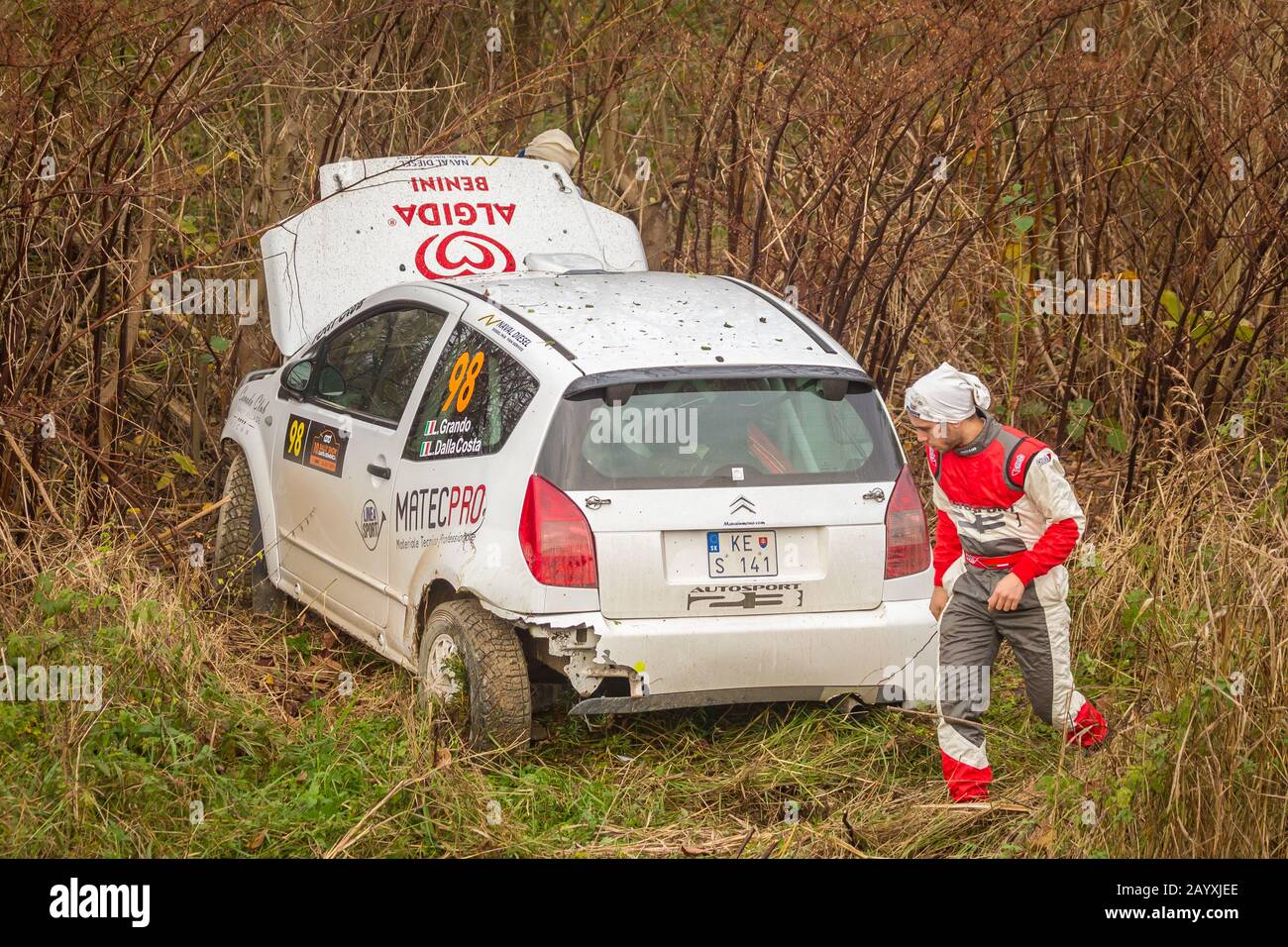 Sveta Nedjelja, Croatia - November 24, 2019. 10th Rally Show Santa Domenica. Luca Grando and Luca Dalla Costa have crashed with Citroen C2, Pro Sport. Stock Photo