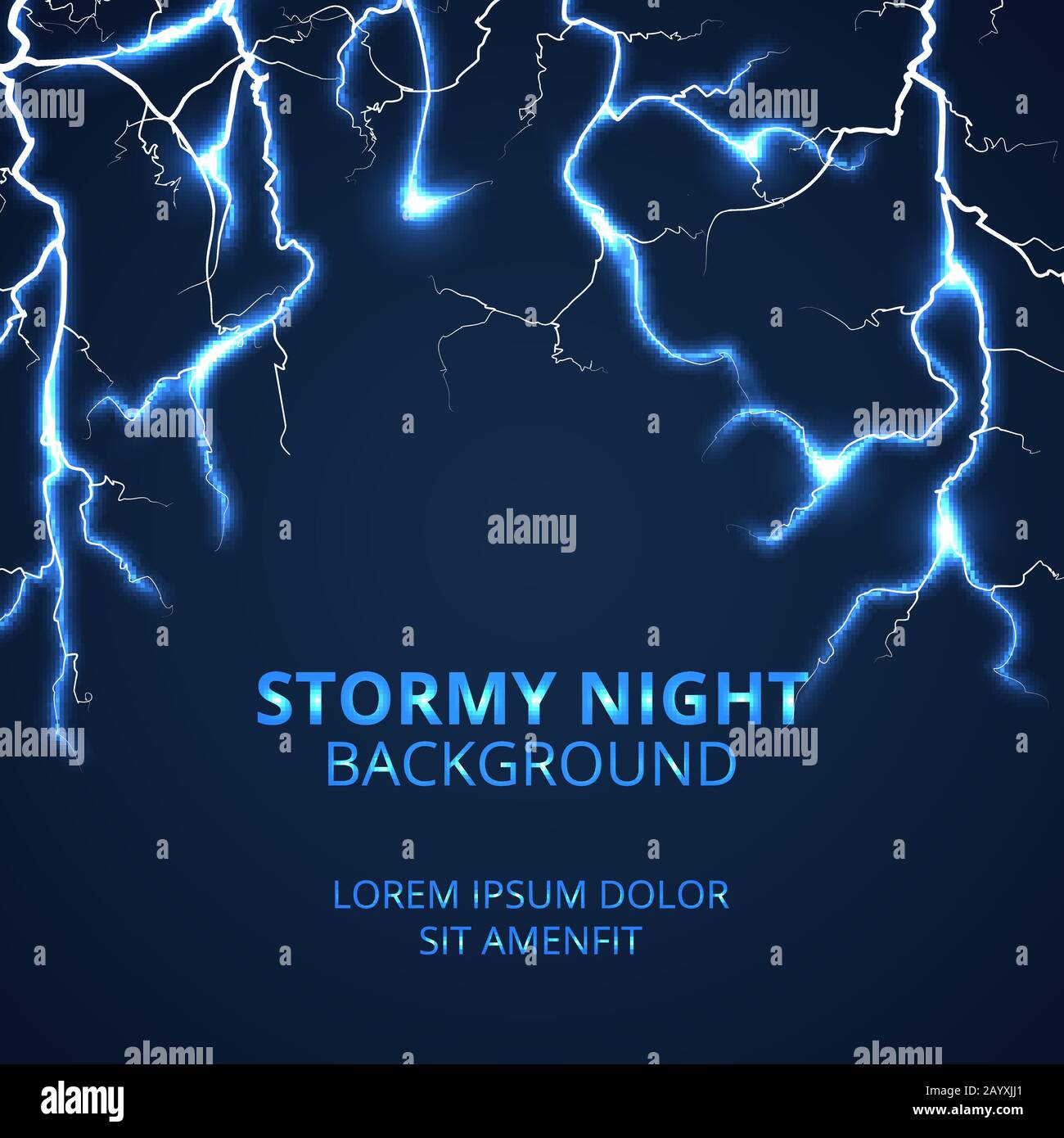 Stormy night with striking lightnings background. Electricity power and bright energy, vector illustration Stock Vector