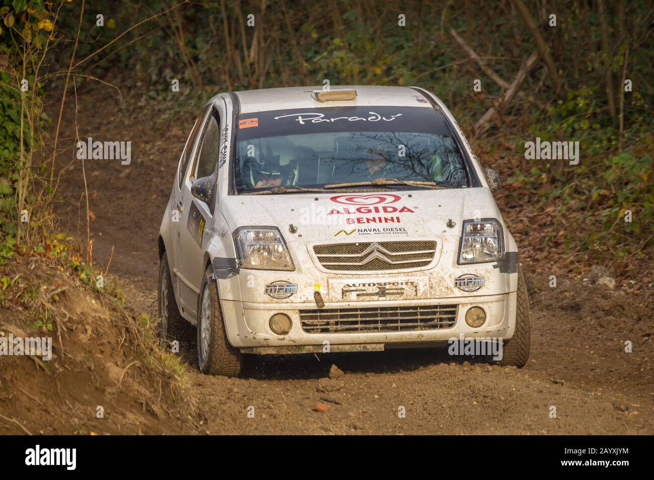 Sveta Nedjelja, Croatia - November 24, 2019. 10th Rally Show Santa Domenica. Luca Grando and Luca Dalla Costa in Citroen C2, Pro Sport. Stock Photo