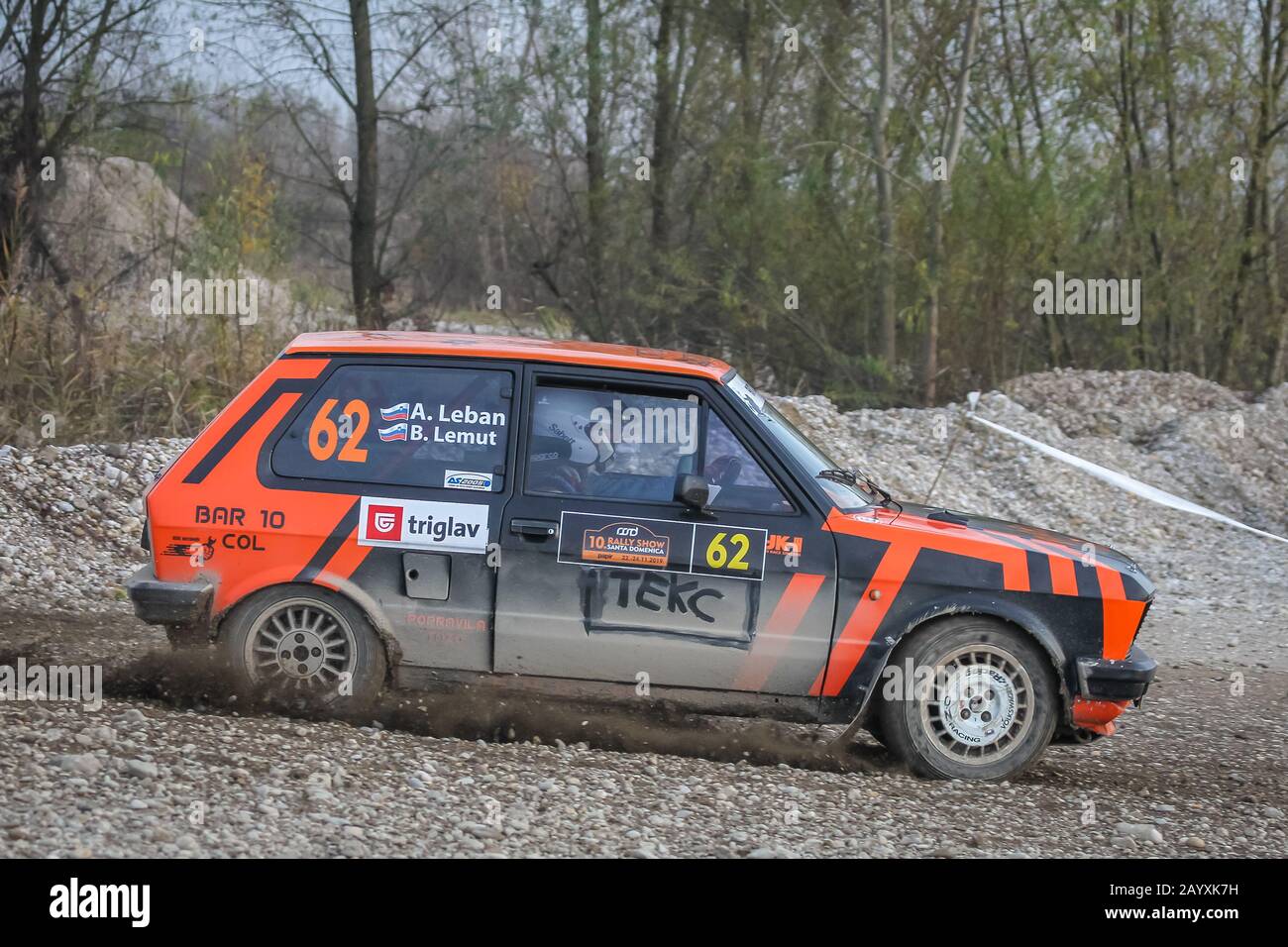 Sveta Nedjelja, Croatia - November 24, 2019. 10th Rally Show Santa Domenica. Anej Leban and Bostjan Lemut in Zastava Yugo, Sprint. Stock Photo