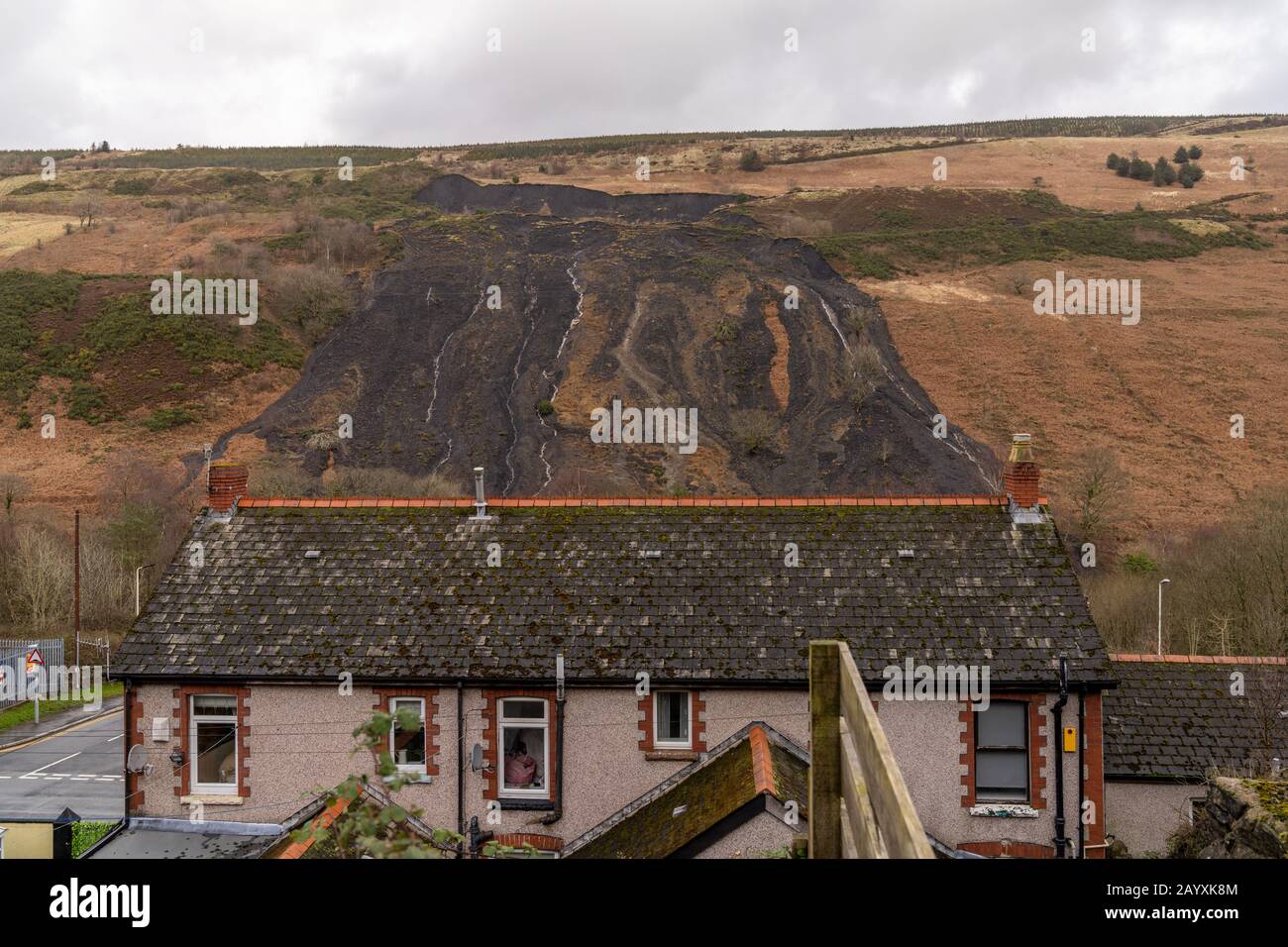 South Wales Valleys, UK. 17th February 2020.  Landslides from post industrial waste tips, known as coal slag heaps, brought on by torrential rain during storm Dennis cause concern across the South Wales Valleys. Credit: Haydn Denman/Alamy Live News. Stock Photo