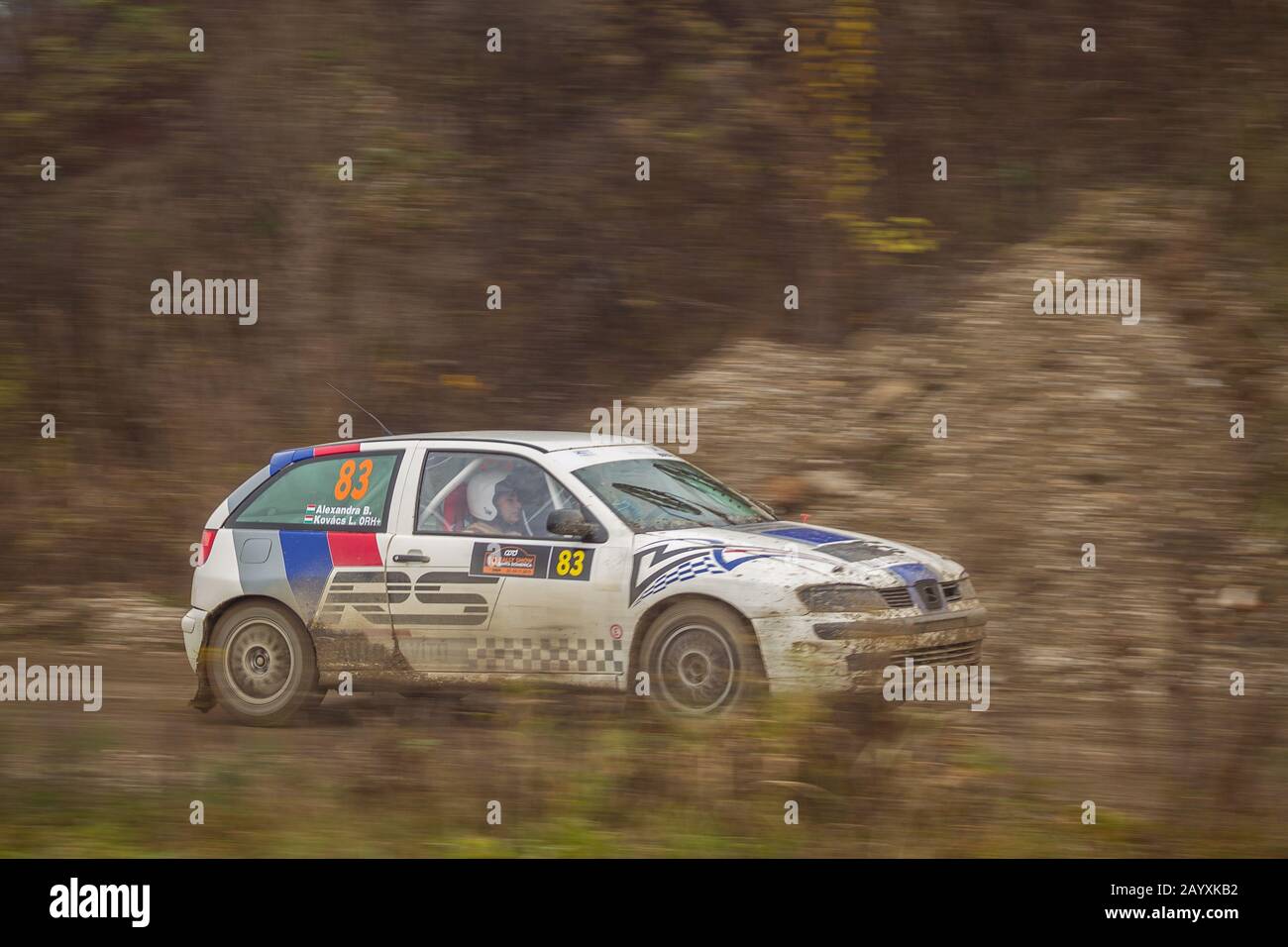 Sveta Nedjelja, Croatia - November 24, 2019. 10th Rally Show Santa Domenica. Laszlo Kovacs and Alexandra Bella in Seat Ibiza, Pro Sport. Stock Photo