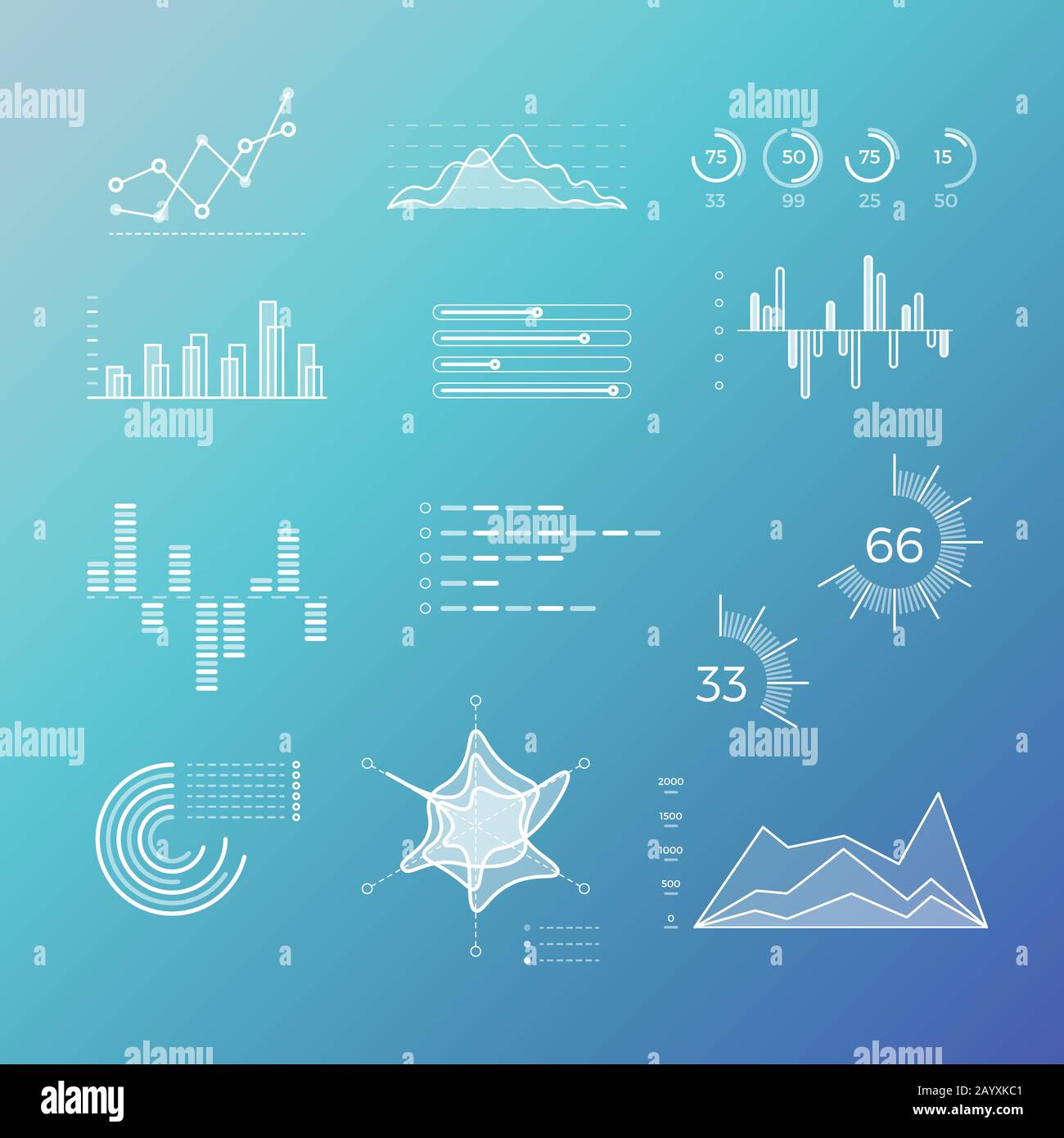 Thin line vector graphs, charts and diagrams with flat elements ...