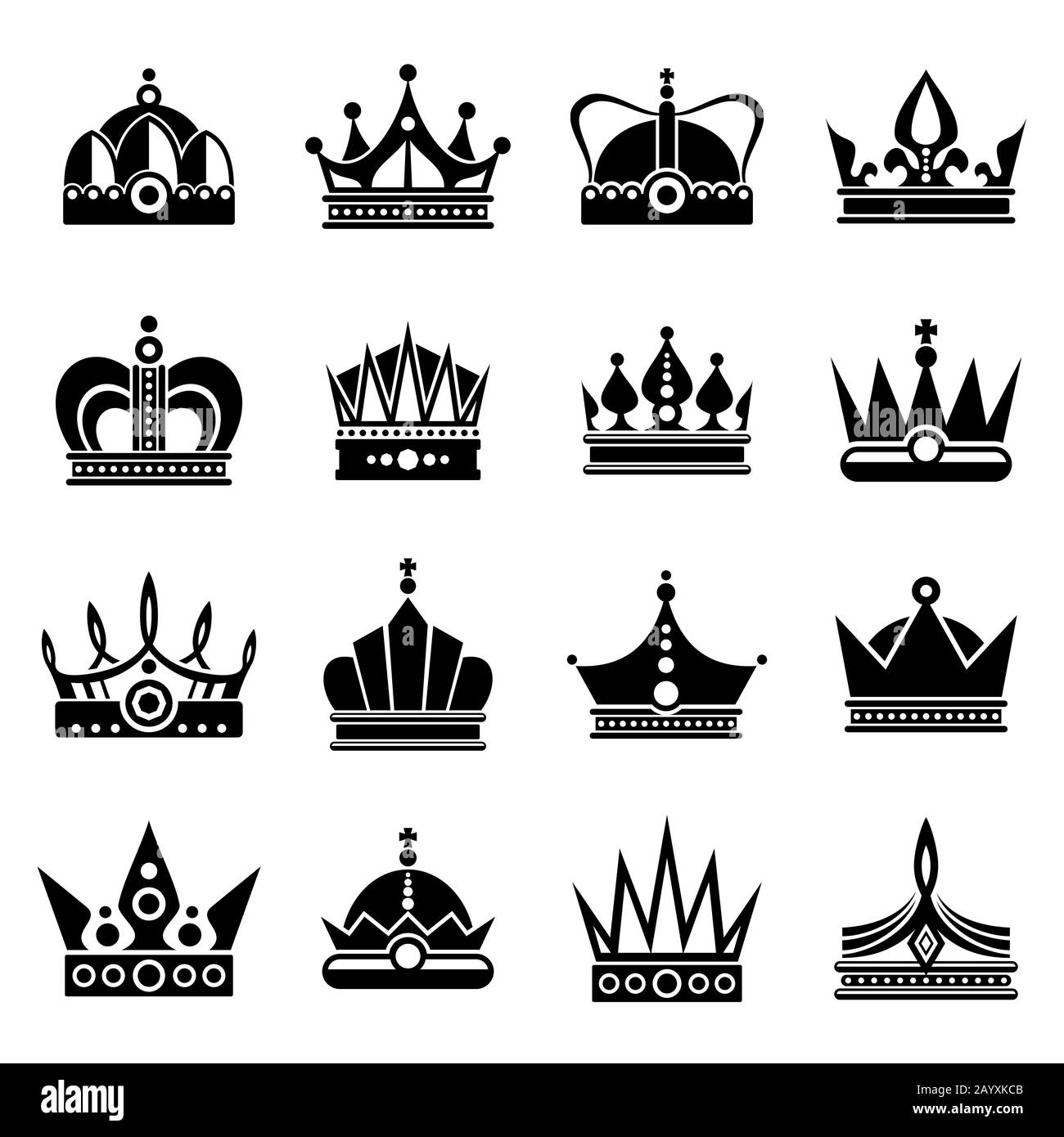 Vector silhouettes of black crowns on white background Stock Vector