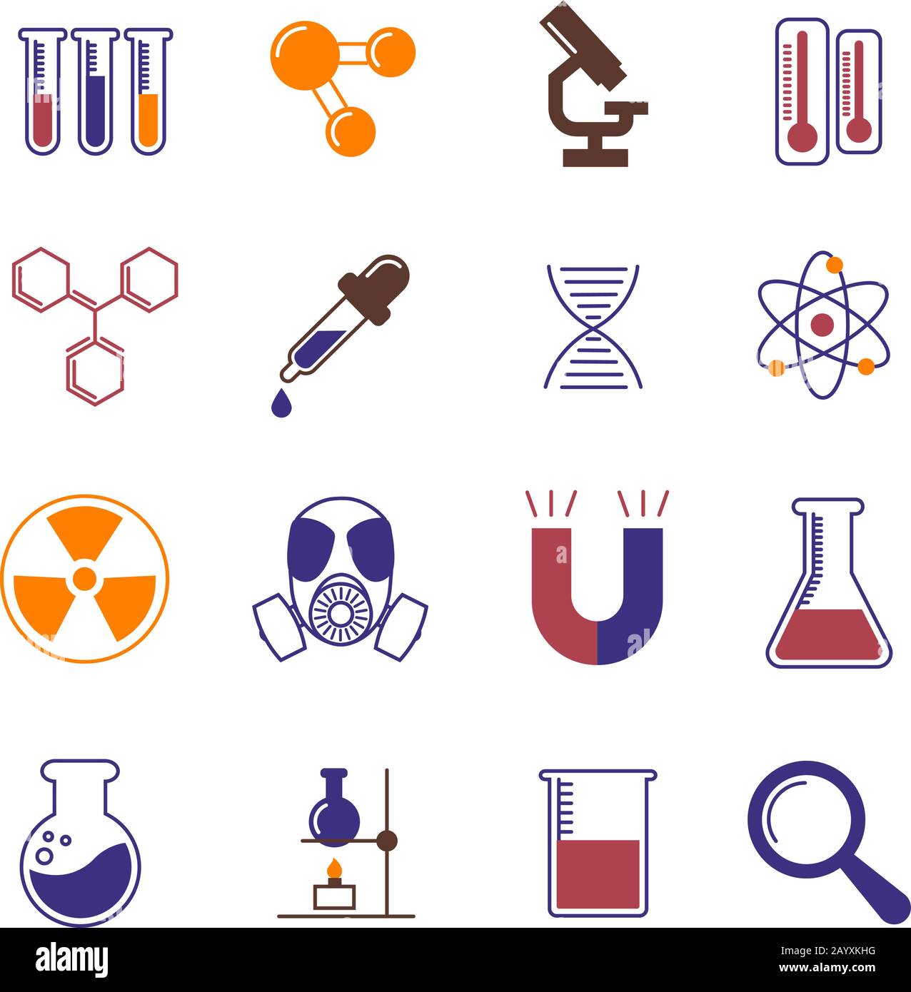 Color chemistry, research and science vector icons. Chemistry laboratory instruments and scientific experiments symbols Stock Vector