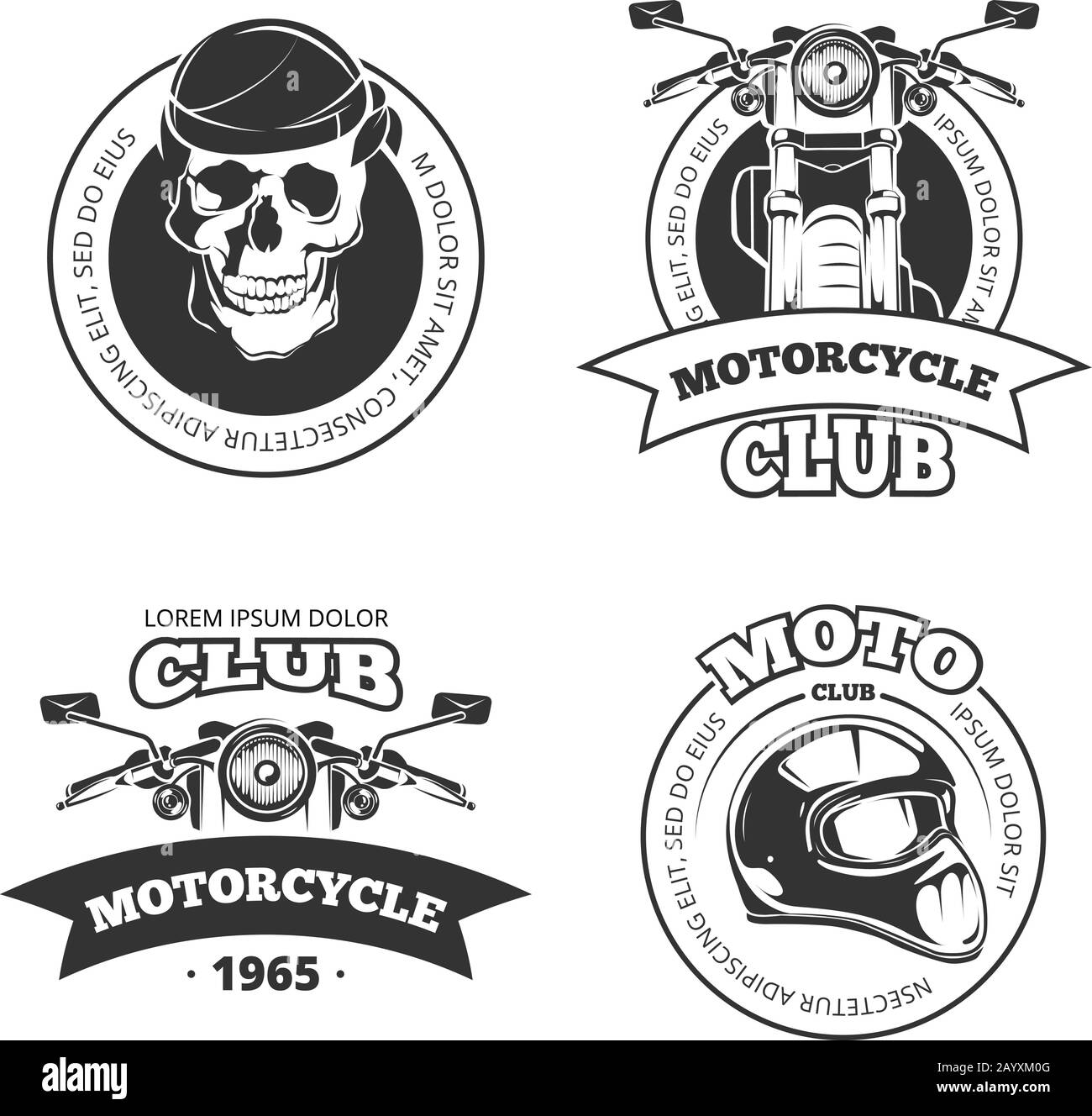 Vintage vector motorcycle or motorbike club logo set. Chopper helmet and skull for motorcycle club Stock Vector