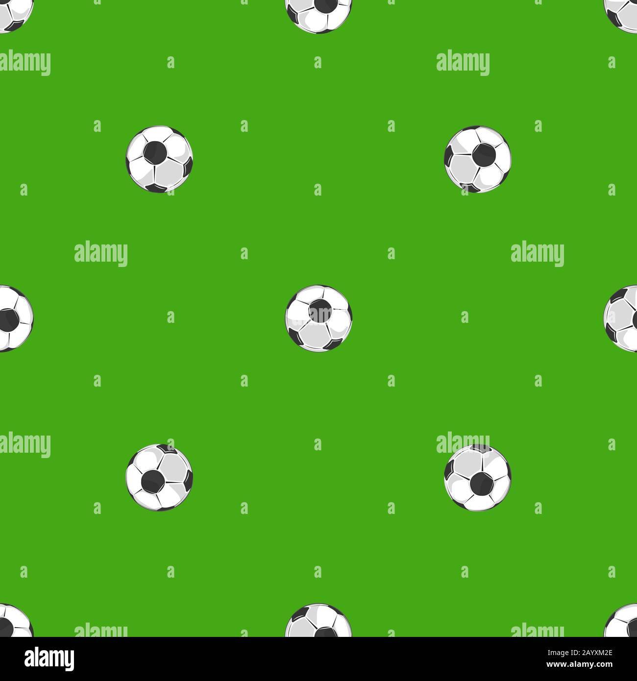 Soccer balls over green field seamless pattern. Backdrop soccer game