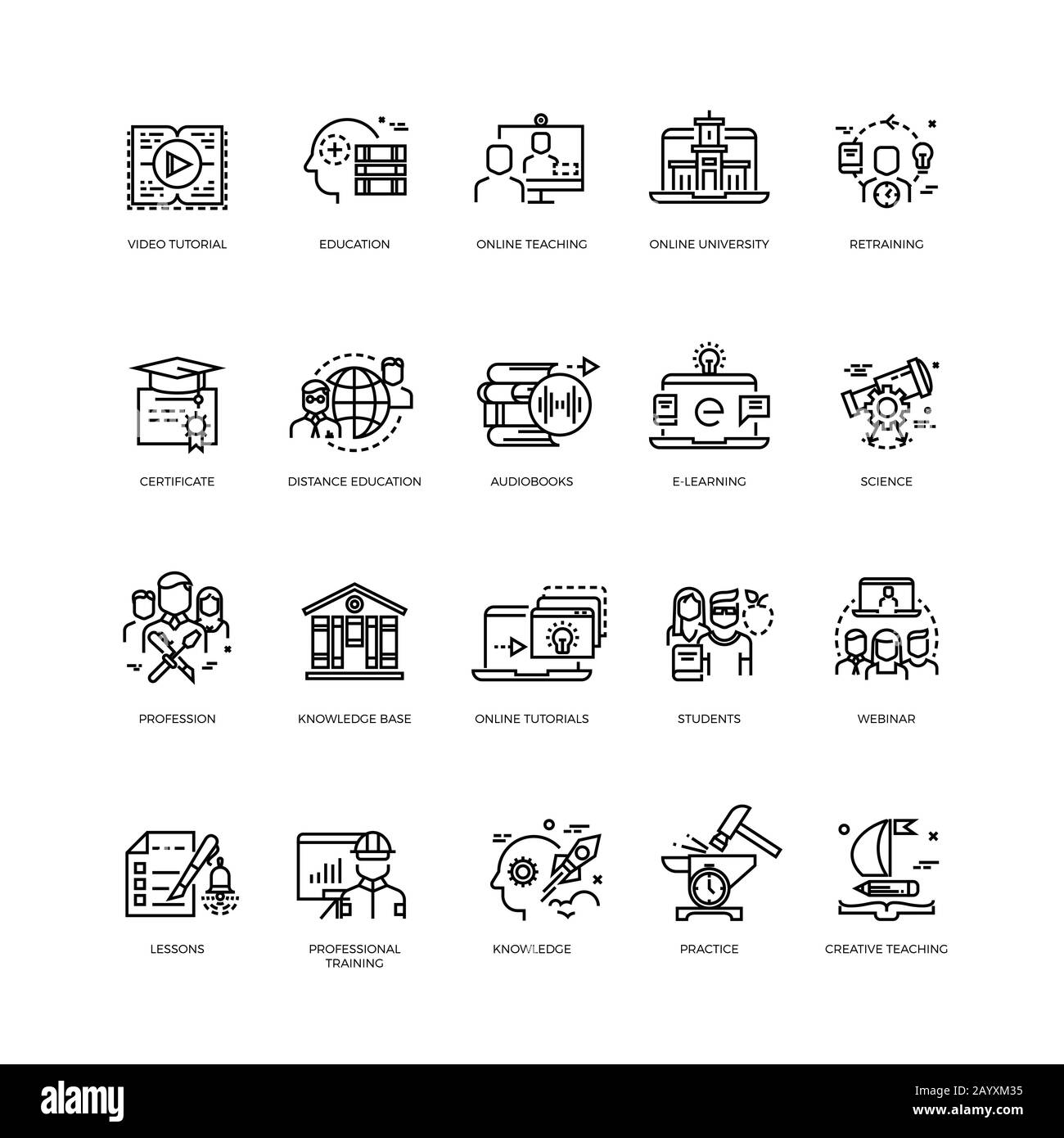 Video tutorials, training courses, online education vector line icons set. Education concept training and education science illustration Stock Vector