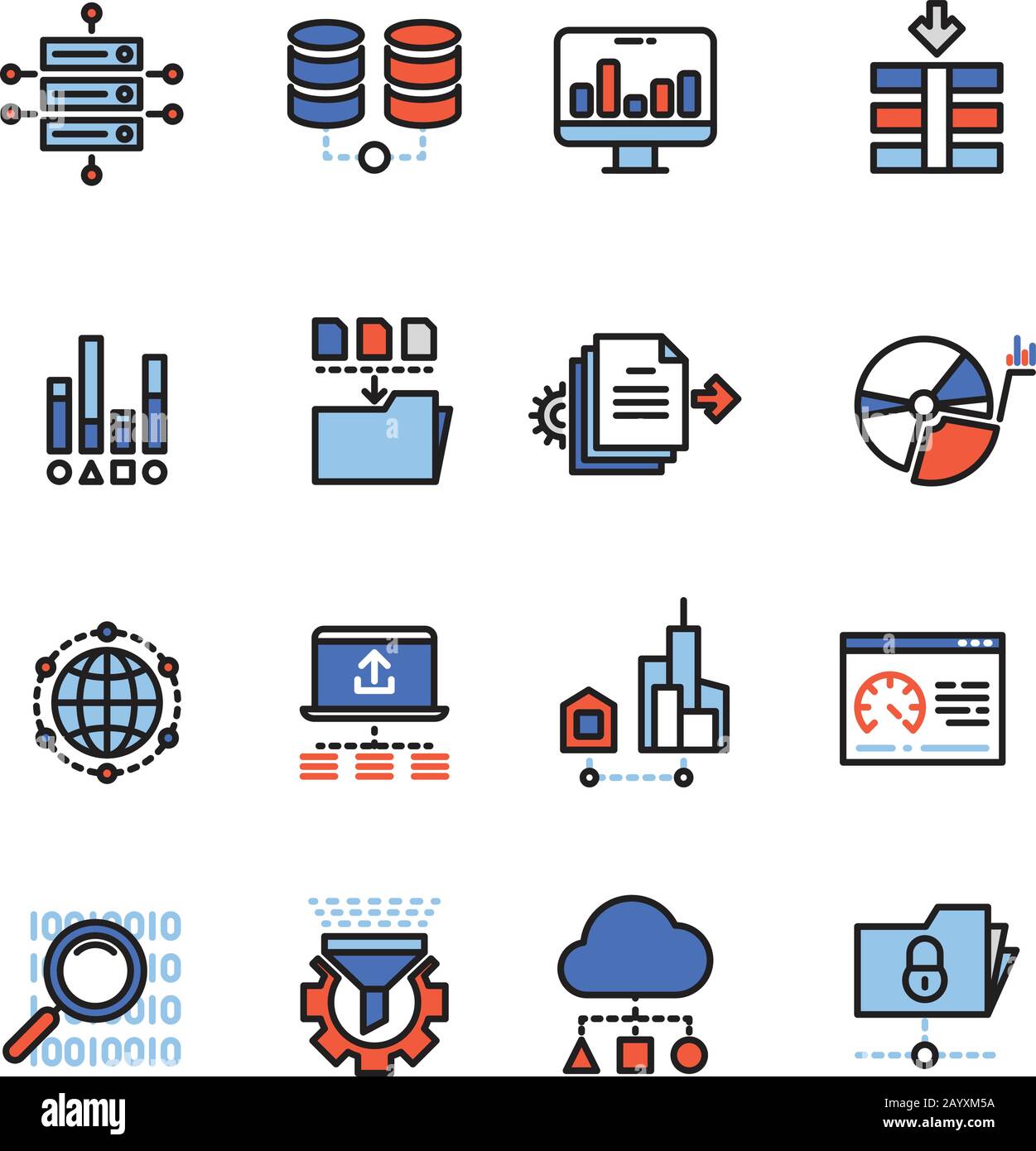 Web security cloud computing technology big data analysis line icons with flat elements. Sructure database and analysis code, vector illustration Stock Vector