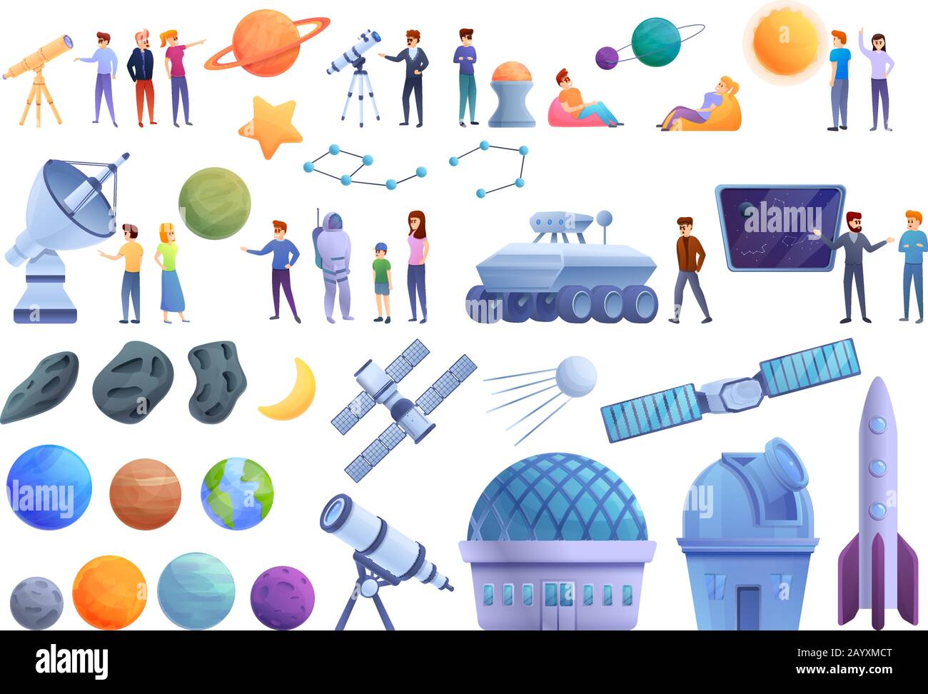 Planetarium icons set. Cartoon set of planetarium vector icons for web design Stock Vector