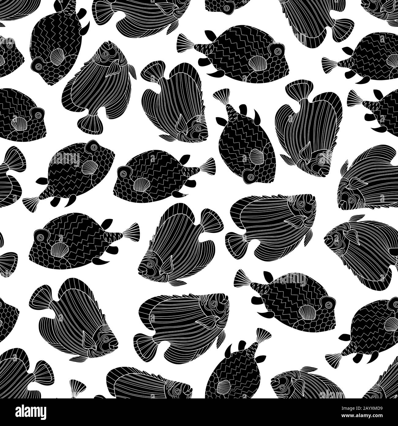 Seamless pattern with black fish in doodle style isolated on white background. Vector coral reef fish outline illustration. Stock Vector