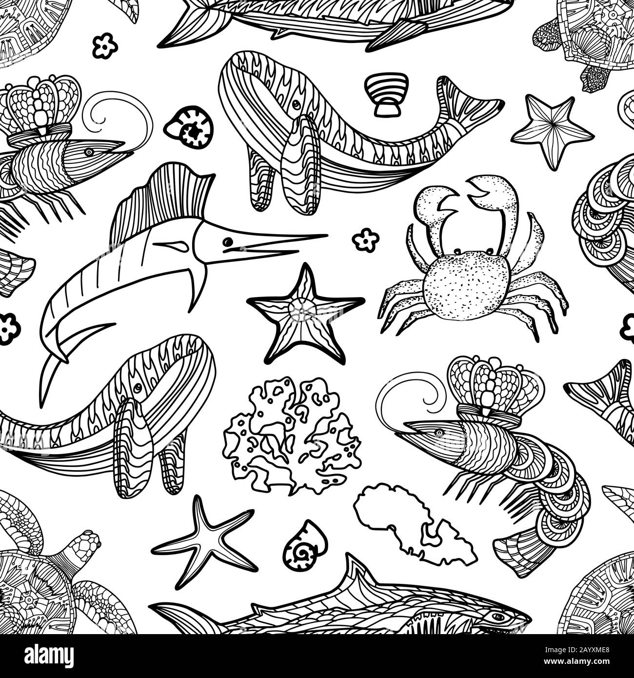 Seamless pattern with ocean animals and seaweed in doodle style