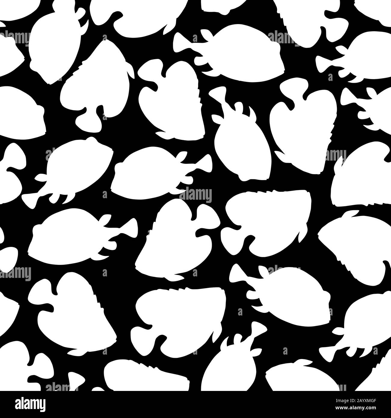 Seamless pattern with white fish in doodle style isolated on black background. Vector coral reef fish outline illustration. Stock Vector