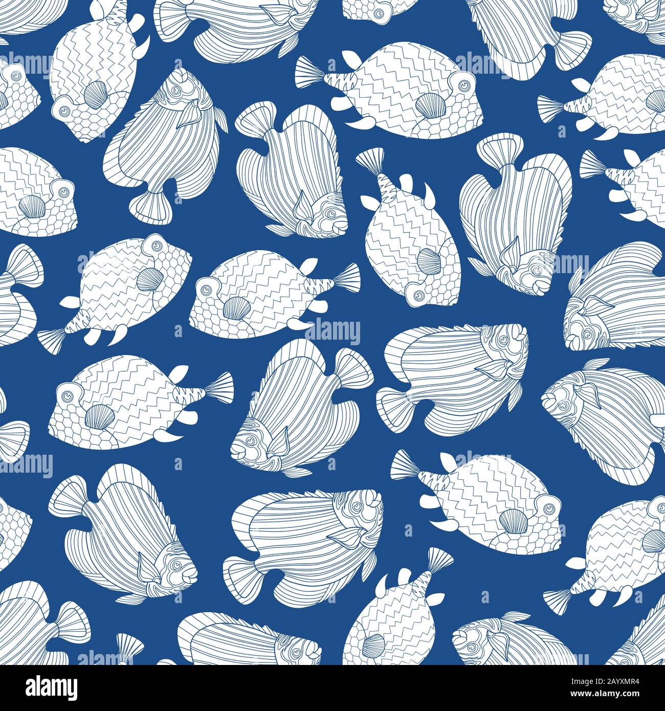 Seamless pattern with white fish in doodle style isolated on trendy blue background. Vector coral reef fish outline illustration. Stock Vector