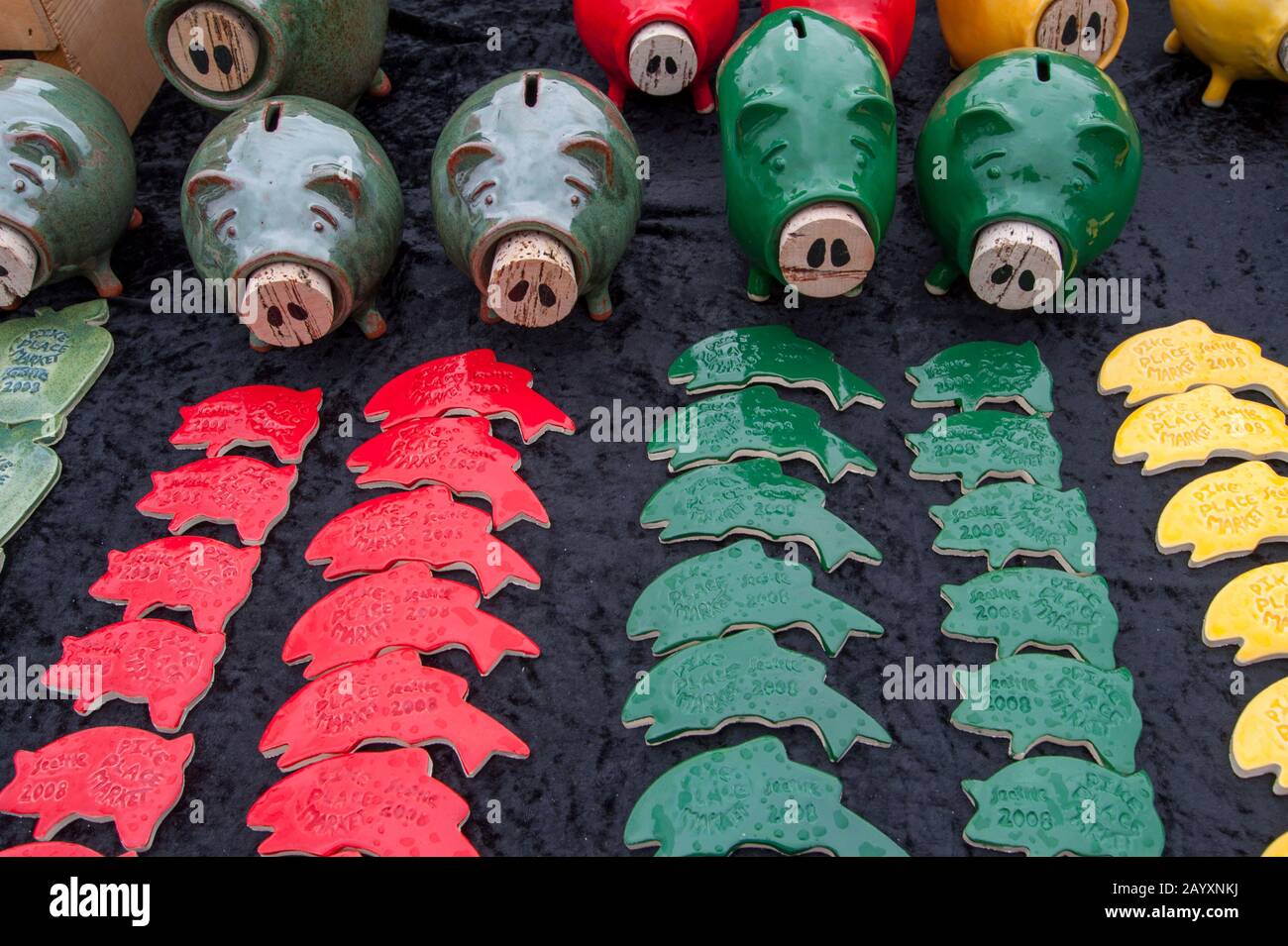 Piggy banks and pig shaped tiles for sale at the Pike Place Market in Seattle, Washington State
