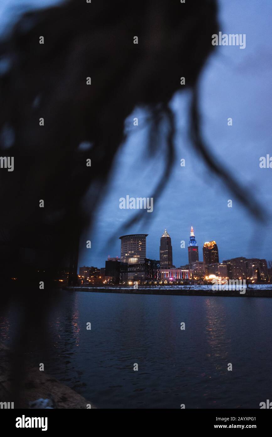 Cleveland Skyline during the winter from the flats Stock Photo