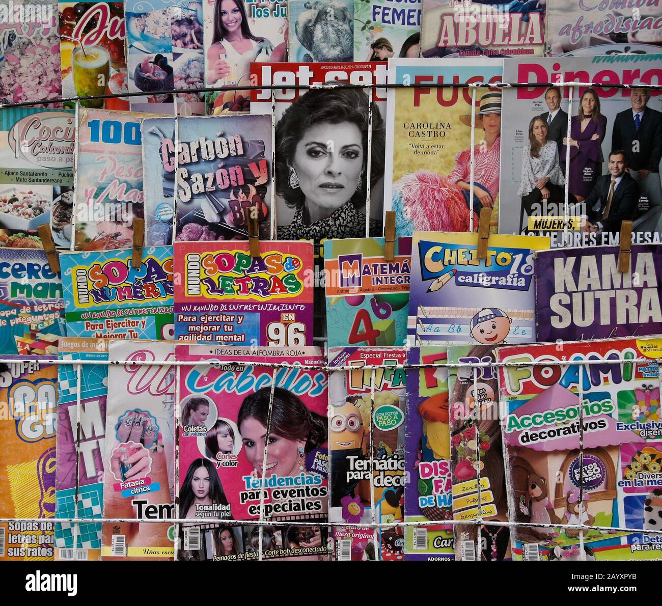 Magazine rack with reading materials in Spanish, Cartagena, Colombia Stock Photo Alamy