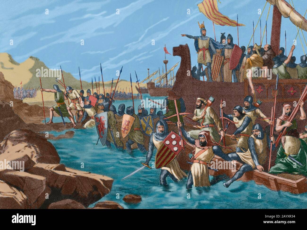 Conquest of the island of Majorca by Christian king James I of Aragon. He landed on the beach of Santa Ponsa at midnight on September 10, 1229. Troops reaching the coast. Lithography. Museo Militar, 1883. Later colouration. Stock Photo