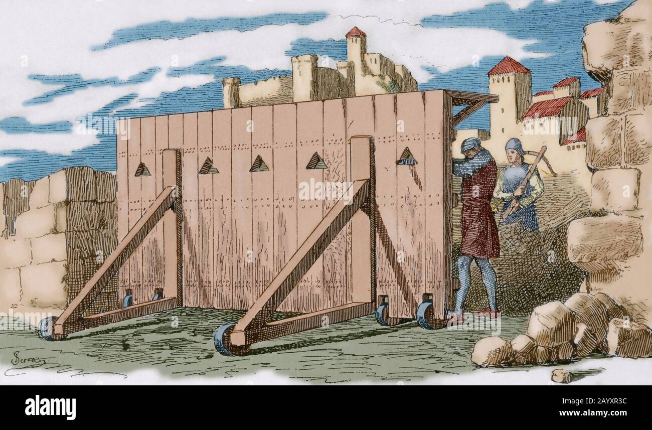 Middle Ages. Mantlet. Large shield or portable shelter used for stopping projectiles. Wood mantlet on wheels. Engraving by Serra. Museo Militar, 1883. Later colouration. Stock Photo