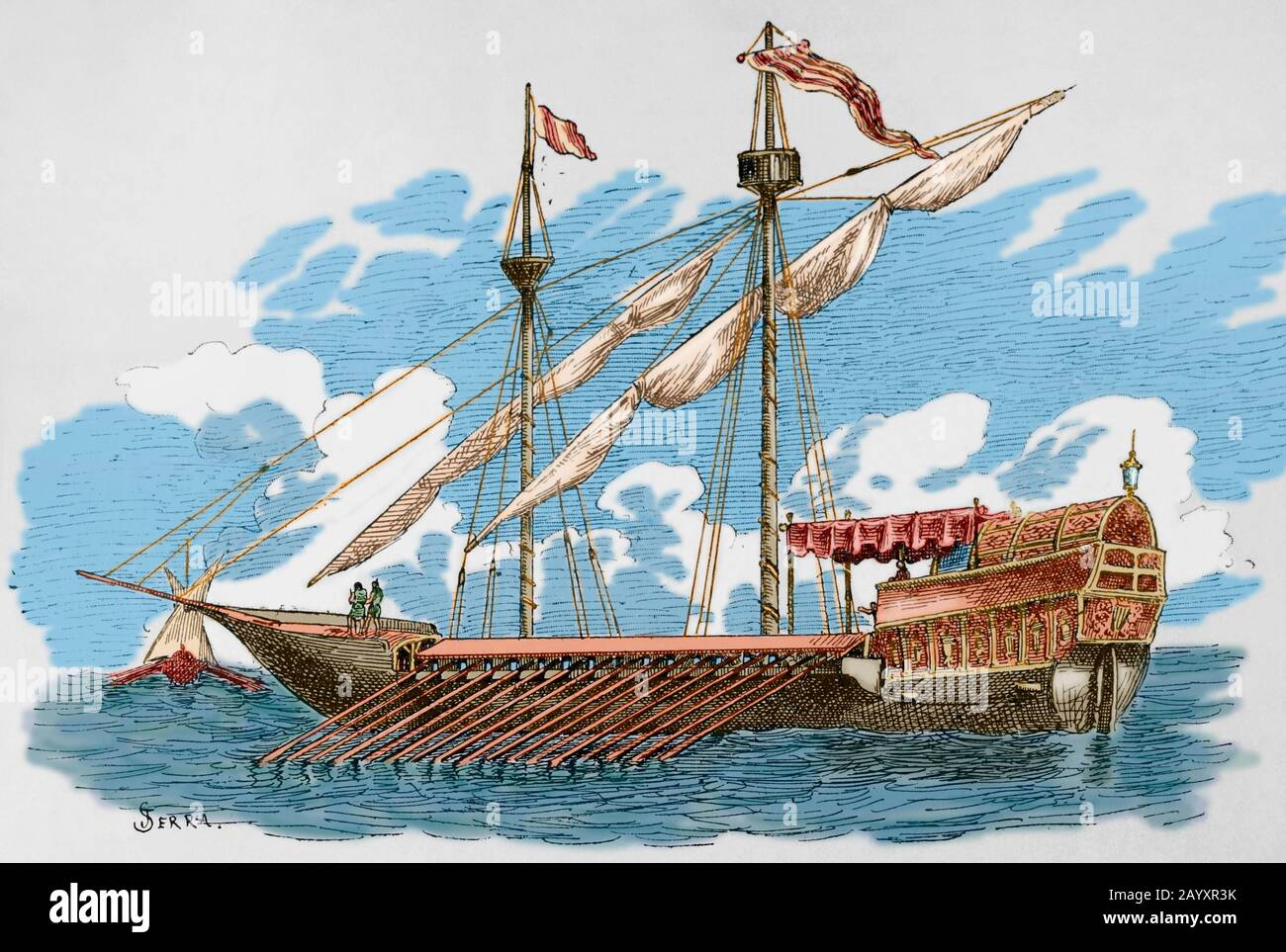 14th century galley. Engraving by Serra. Museo Militar, 1883. Later colouration. Stock Photo