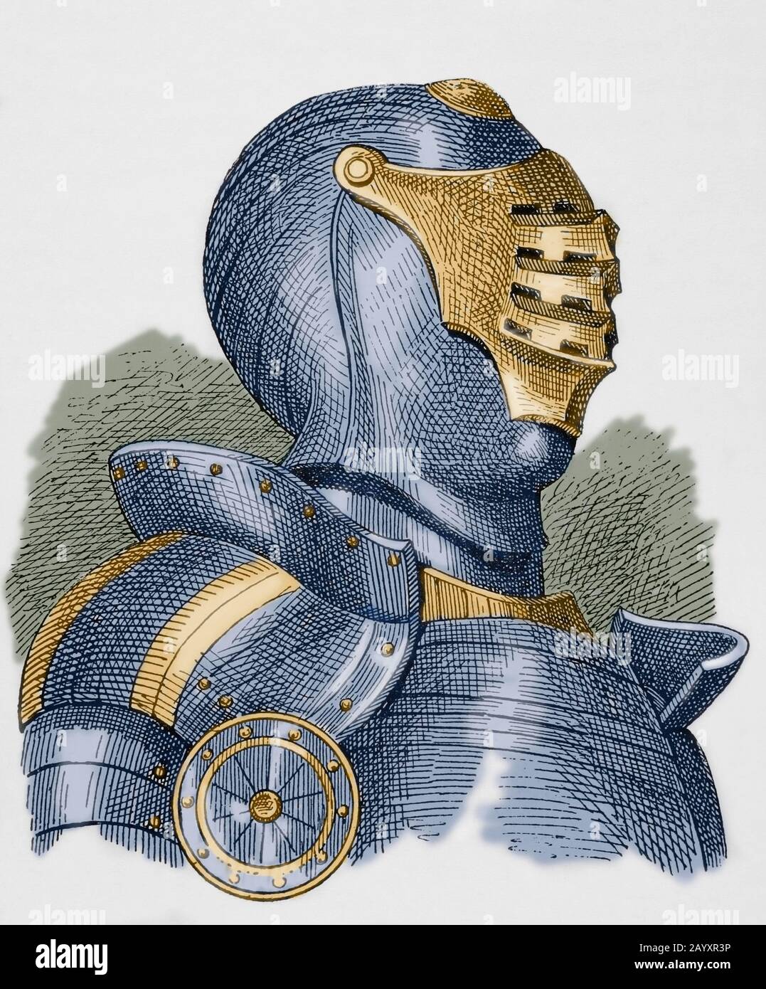 Medieval Knight's helmet with visor. Engraving. Museo Militar, 1883. Later colouration. Stock Photo