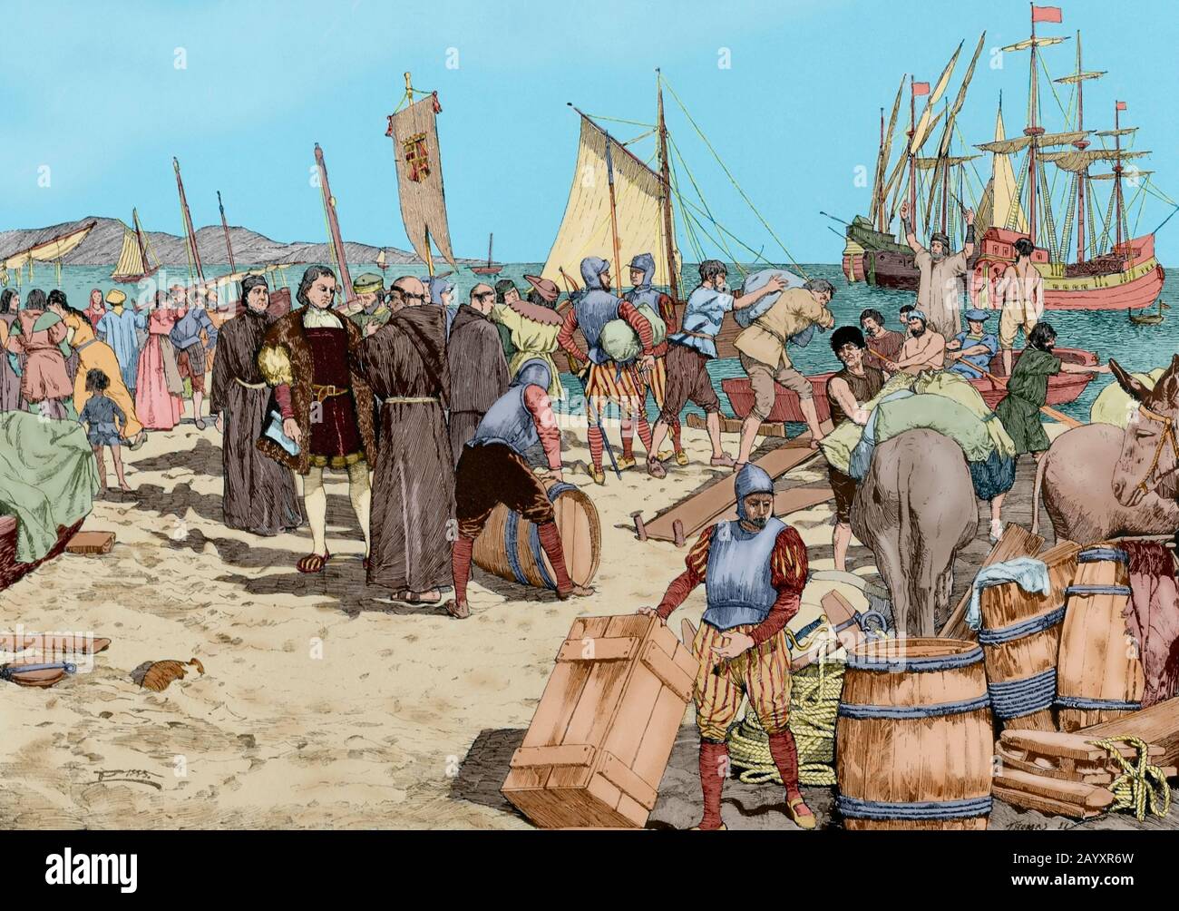 Discovery of America. Embarkation of Christopher Columbus at Palos de la Frontera (Spain), on August 3, 1492. Engraving. Museo Militar, 1883. Later colouration. Stock Photo