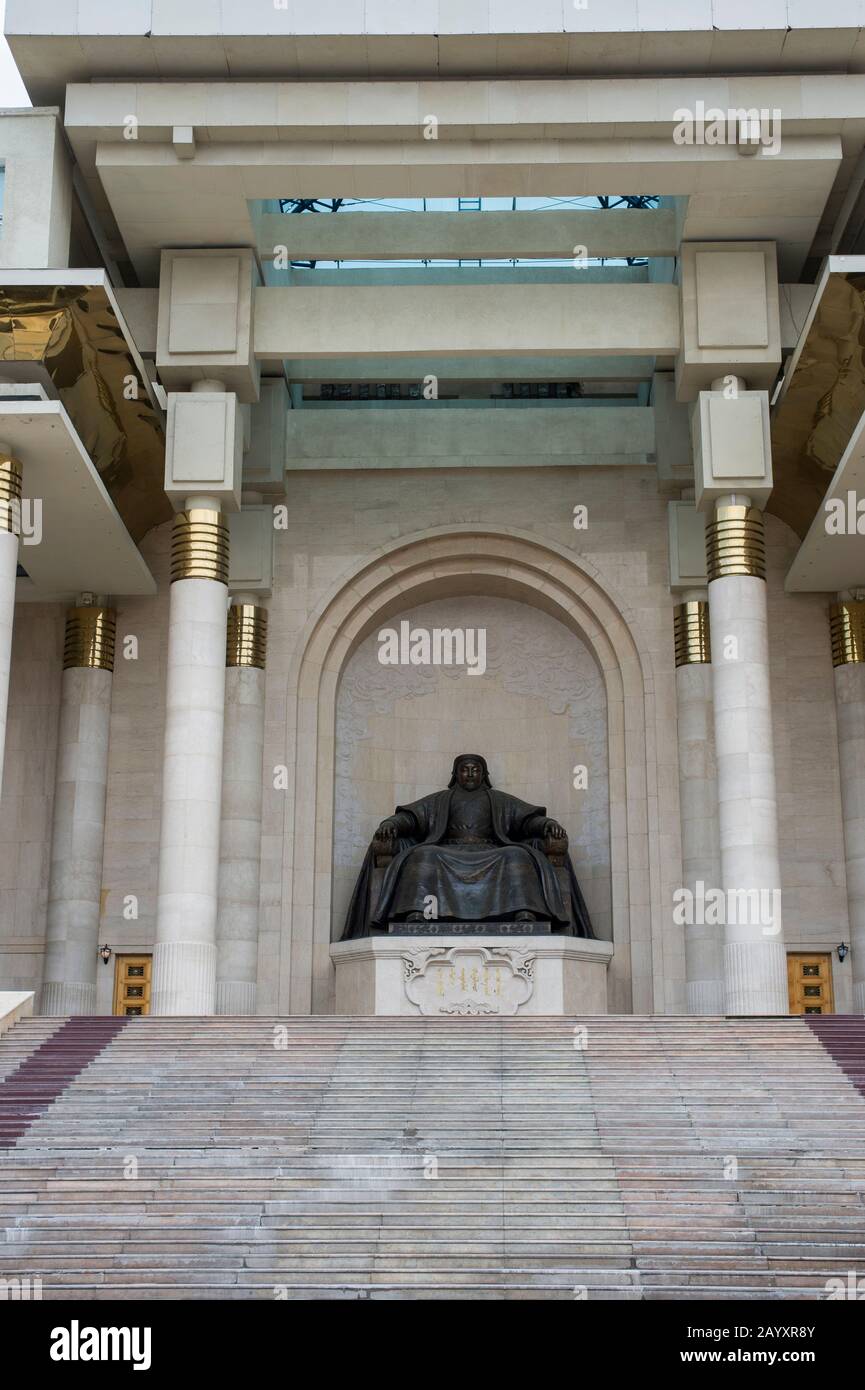 Mongolian Parliament building. with statue of Chinggis Khan on Sukhbaatar Square in the center of Ulaanbaatar, Mongolia. Stock Photo