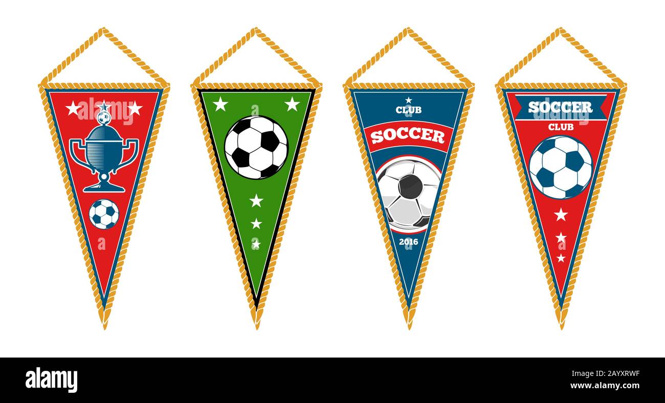 Triangle soccer pennants set isolated white. Set of football emblem, vector illustration Stock Vector