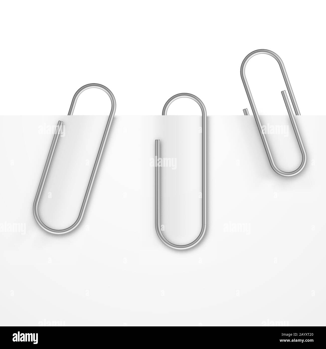 Realistic paper clips vector set. Metal paperclip with sheet, office