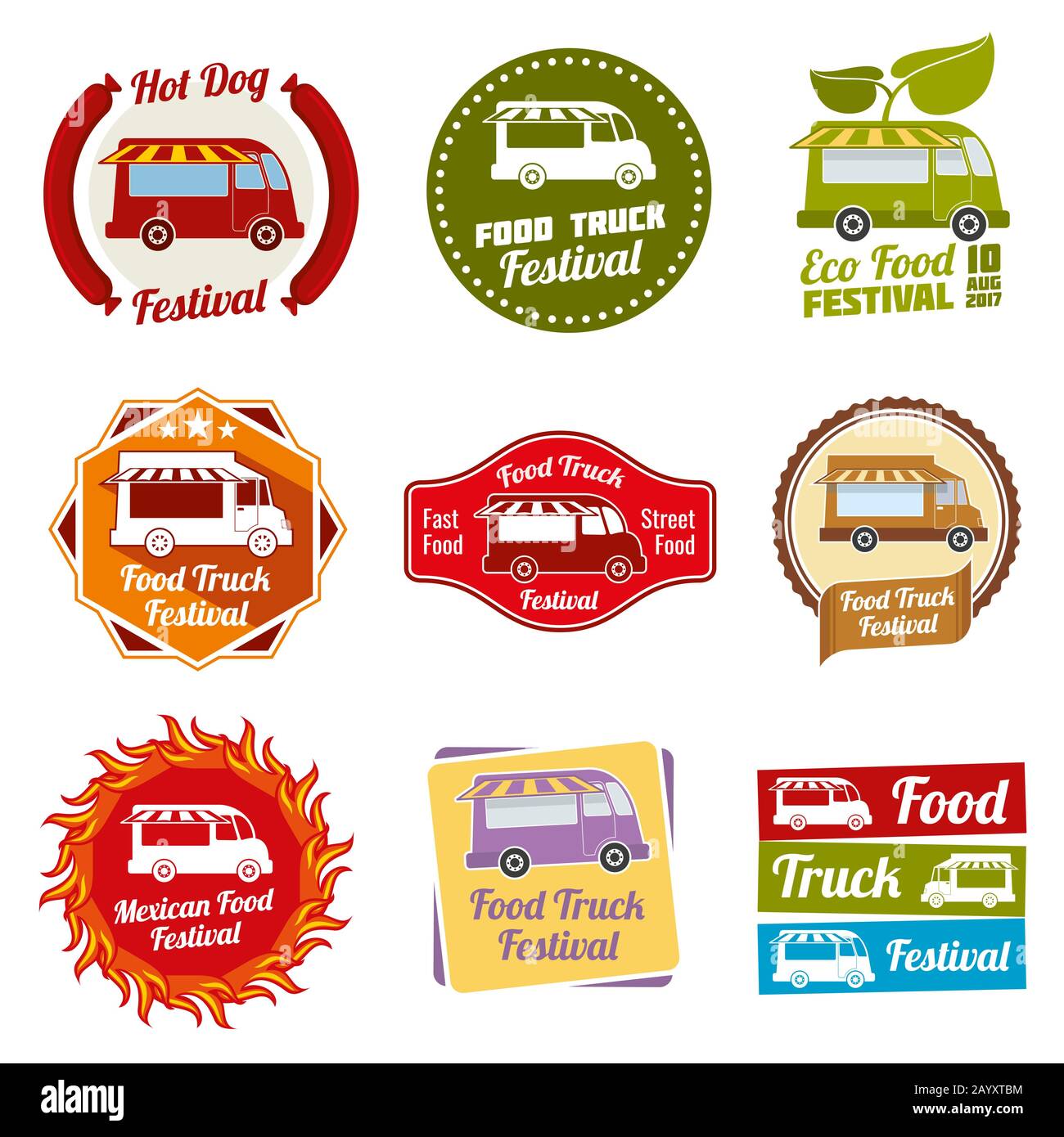 Car street food festival color labels set. Car food service labels. Van restaurant and mexican snack badges. Vector illustration Stock Vector