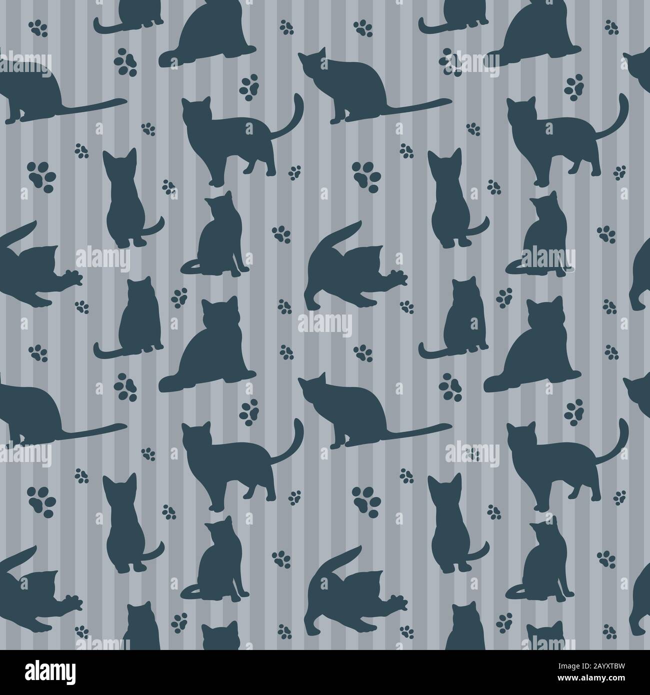 Cute Vector Cats Silhouettes Seamless Pattern Background With Cat And