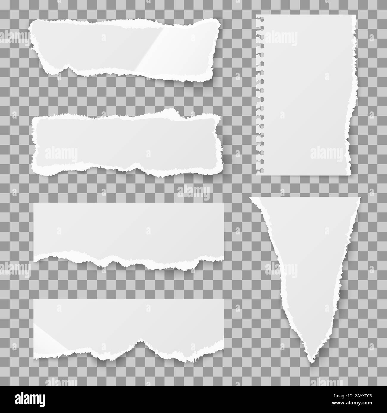 Blank torn paper with bends and tears. Ripped sheet paper and reminder lacerated paper blank. Vector illustration set Stock Vector