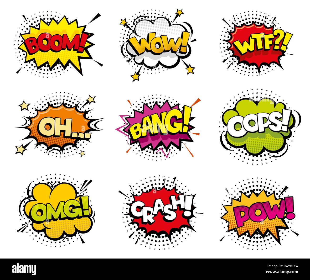 Comic sound effects in pop art vector style. Sound bubble speech with word and comic cartoon expression sounds illustration Stock Vector