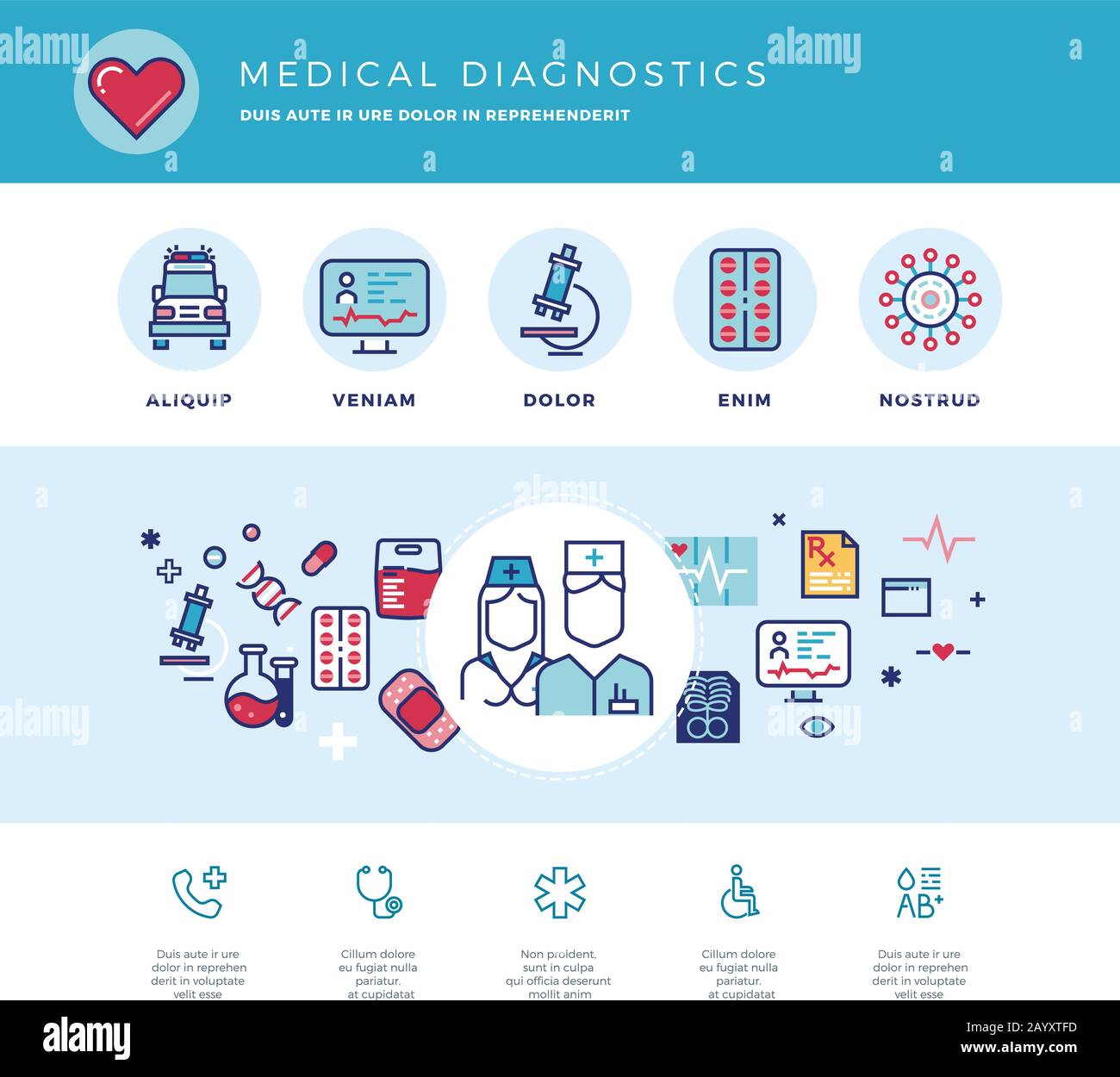 Medical diagnostics, medicine research laboratory vector concept for web design. Medicine laboratory and hospital, illustration of medicine care and support Stock Vector