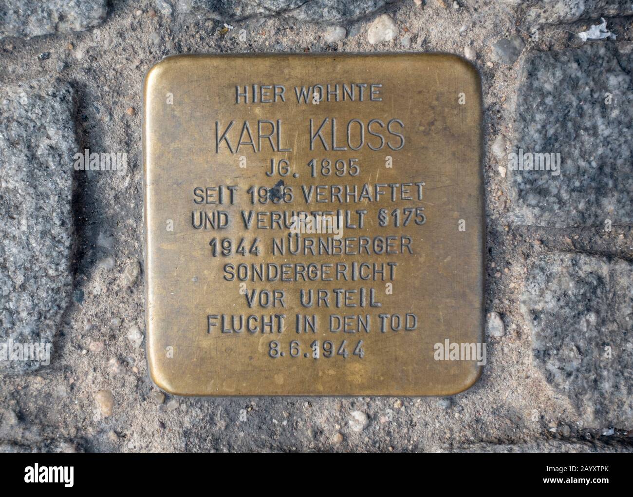 'Stumbling stone' for Karl Kloss in Nuremberg, Bavaria, Germany. Stock Photo