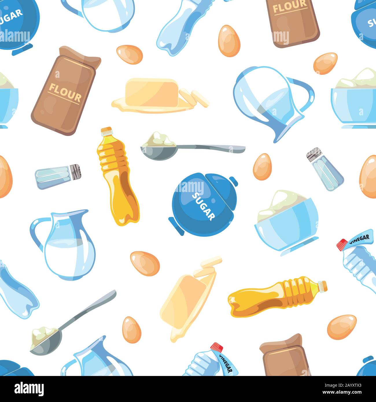 Cartoon baking ingredients seamless pattern. Component for baking, milk and sunflower oil. Background with ingredients to baking illustration Stock Vector