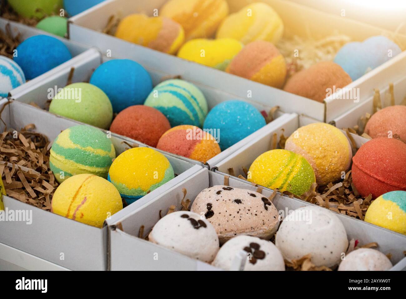 Box with handmade colorful aromatic Soap Stock Photo