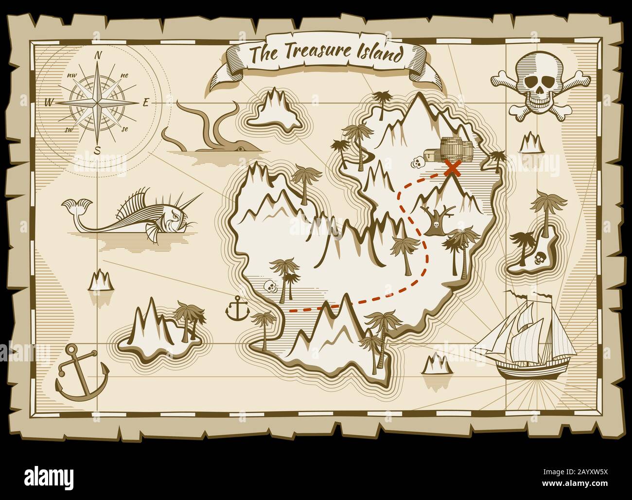 Treasure pirate hand drawn vector map. Pirate map with ship and navigation to treasure. Island way treasure map illustration Stock Vector