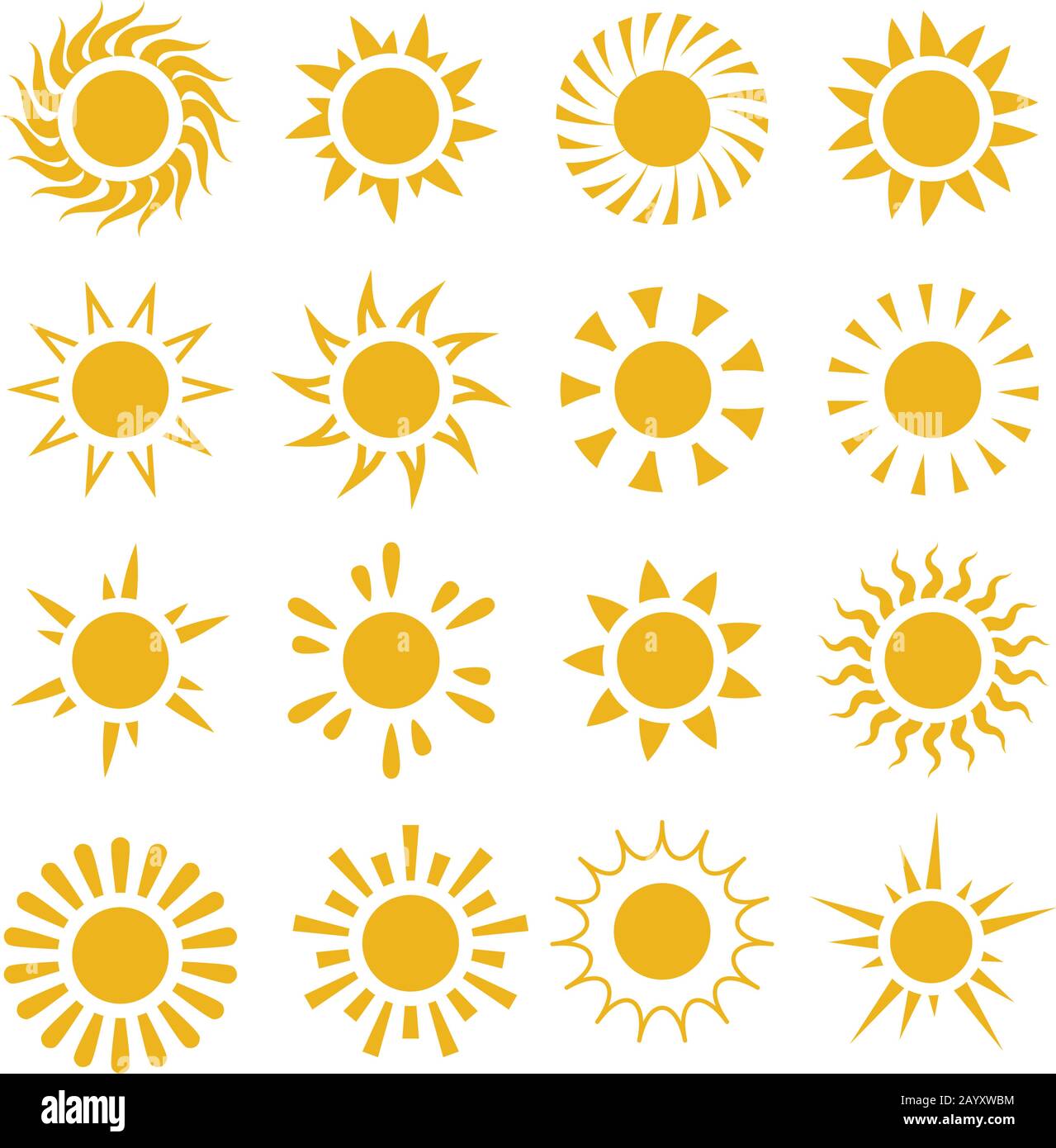 Yellow summer sun vector symbols. Sun set summer, sunburst and ray energy from sun star group illustration Stock Vector