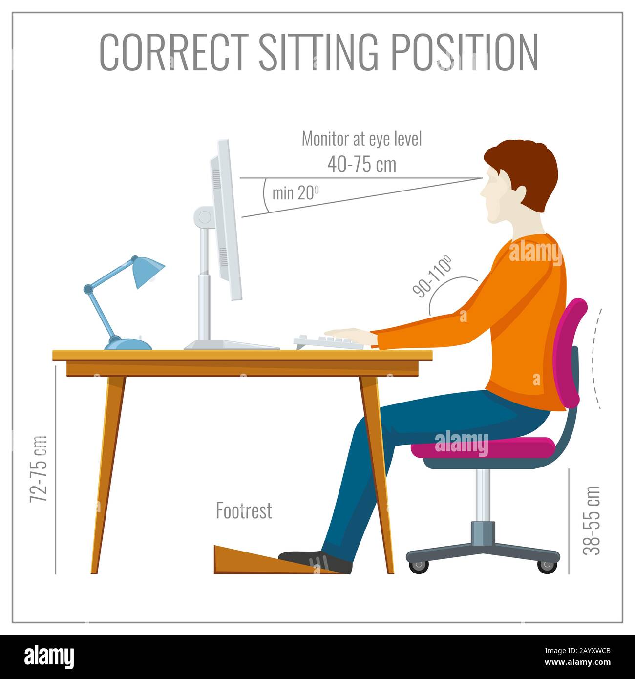 Correct spine sitting posture at computer. Proper position correct and healthy spine position. Vector illustration infographics Stock Vector