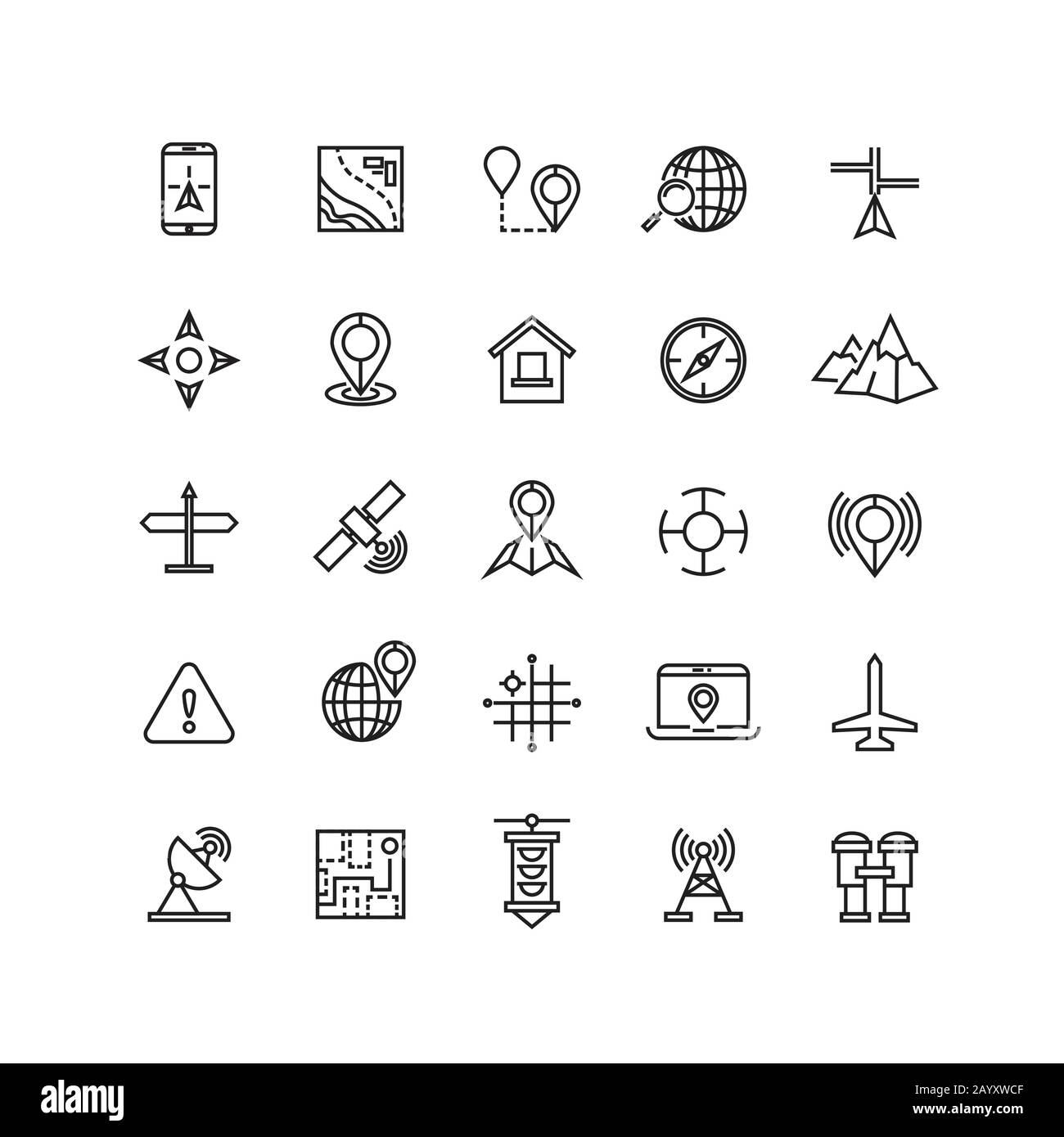 Outline location icons set. Location web and location with mobile phone or laptop. Vector illustration Stock Vector