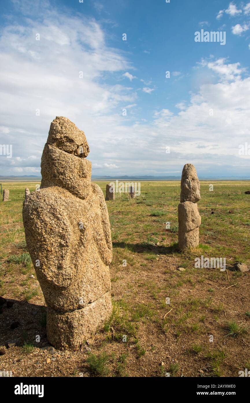 Ongot grave (Neolithic grave) in Tuul River valley with carved grave stones, carved by people of Turkic origin about 1200 ? 1400 years ago, Hustai Nat Stock Photo