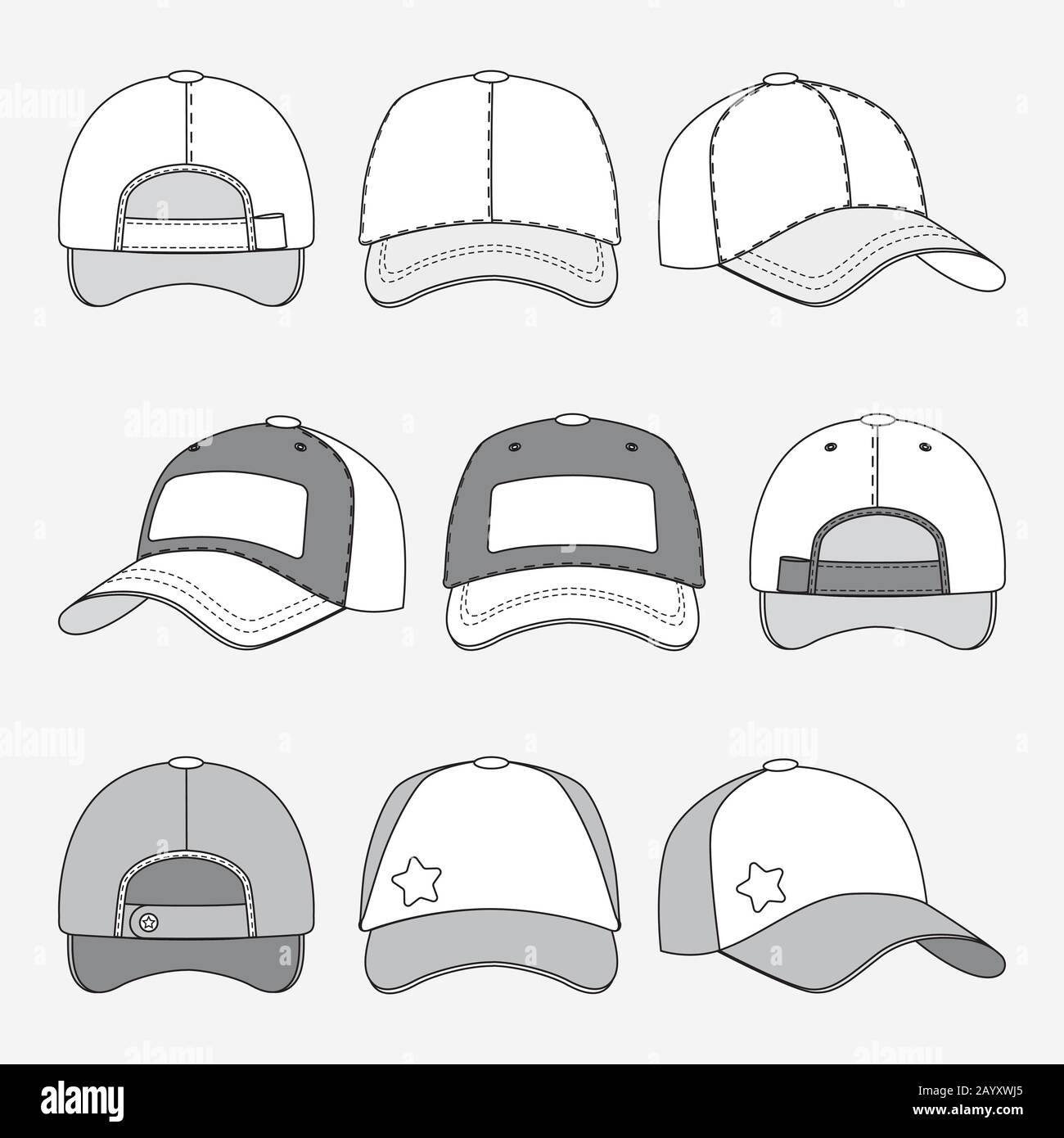 Baseball cap front back and side view outline vector. Template of caps,  illustration of cap for sport Stock Vector Image & Art - Alamy
