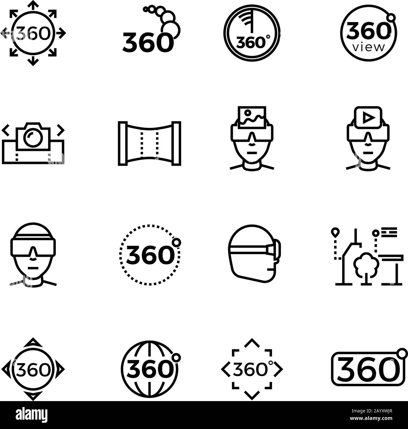 360 degree image, panorama, virtual reality thin line icons. Device for simulation gaming, vector illustration Stock Vector