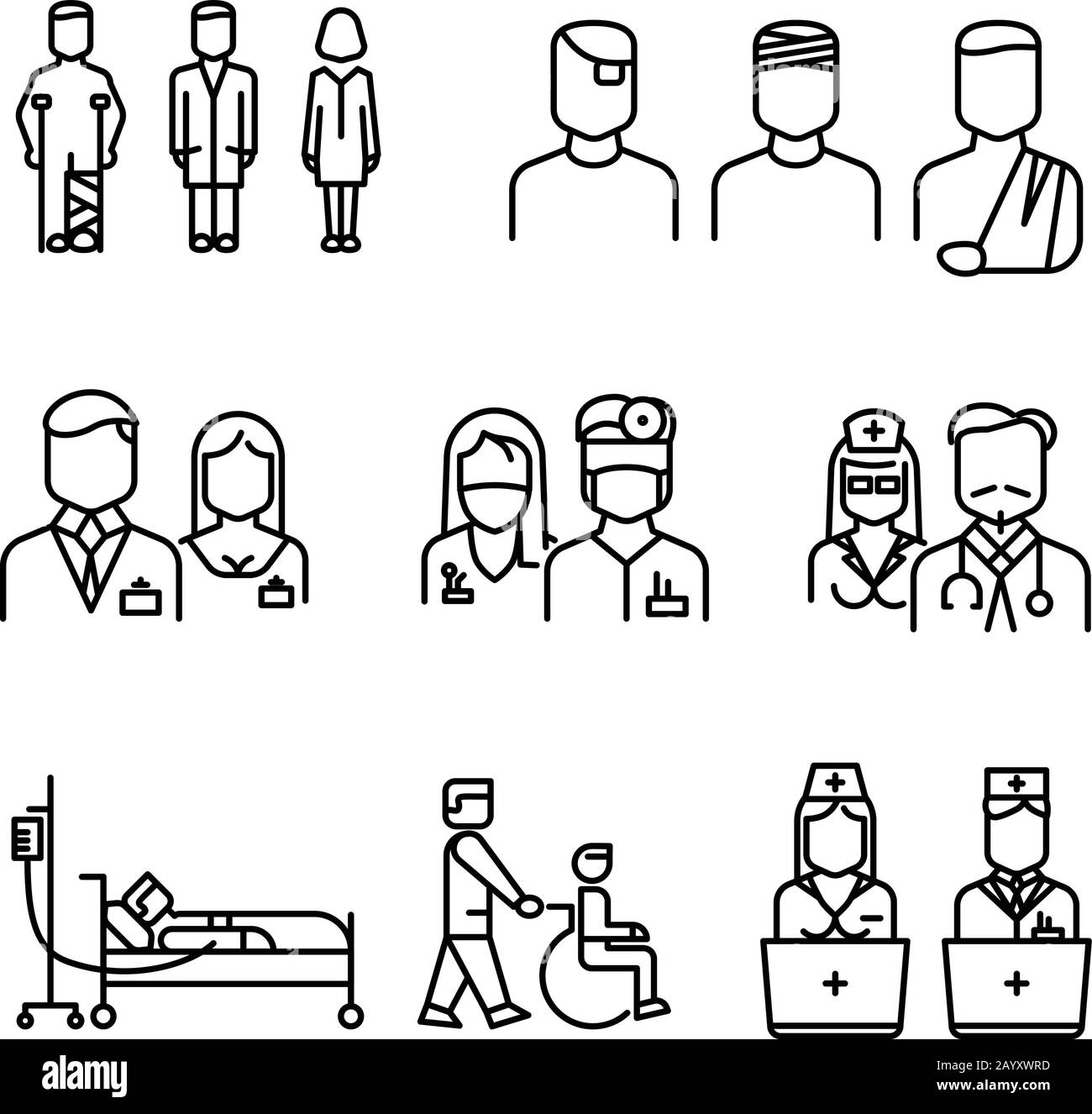 Doctor, patient, nurse thin line icons. Set of linear style doctor and nurse, vector woman and man doctors illustration Stock Vector