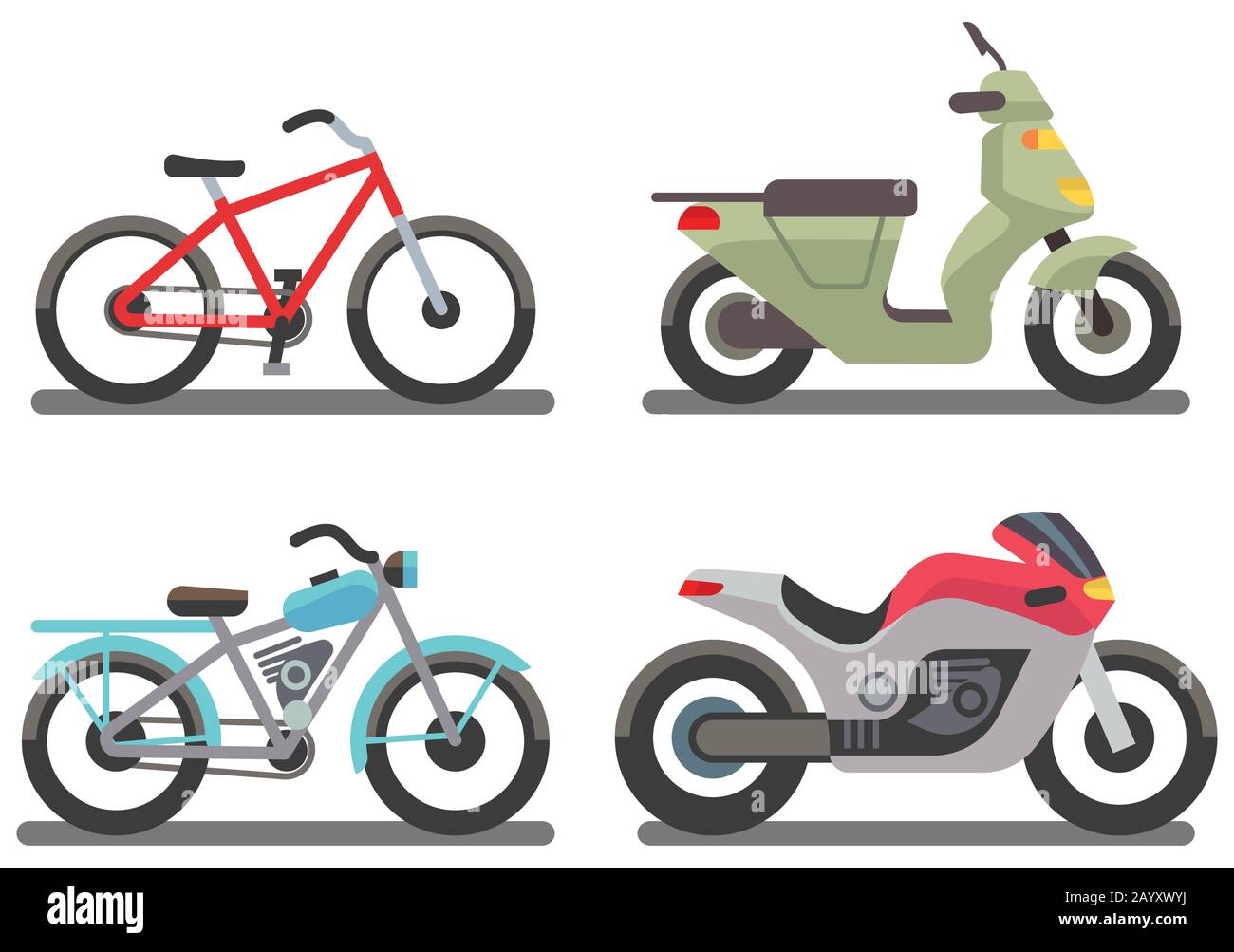 Bike and motorbike vector illustration. Set of ride transport bike and motorbike Stock Vector